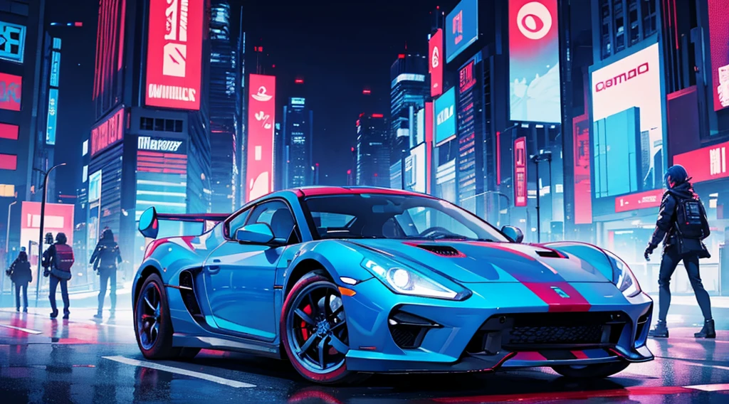 blue cyberpunk city, red sports car