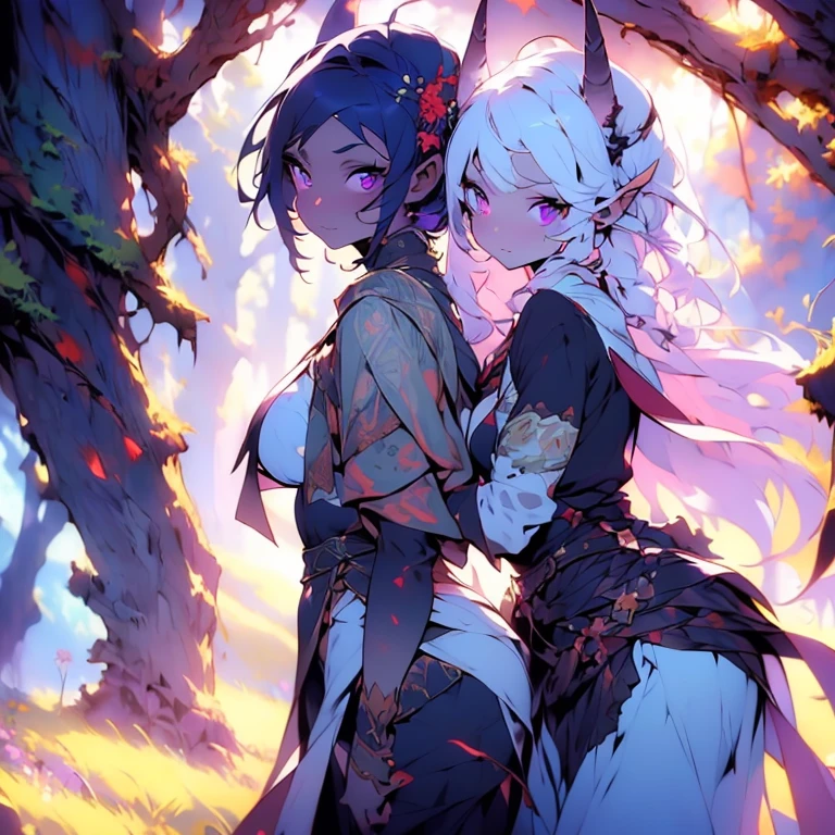 (masterpiece, best quality, 8k, sharp focus, depth of field, best shadows, perfect lights, HDR, realistic skin texture, ultra-detailed background, detailed), anime style, 2 women kissing (one of them has purple eyes, white skin, white hair, purple horns, average breasts, athletic, tall), (the other woman has black hair, white skin, green eyes, no horns), at a spring, fantasy theme, forest.