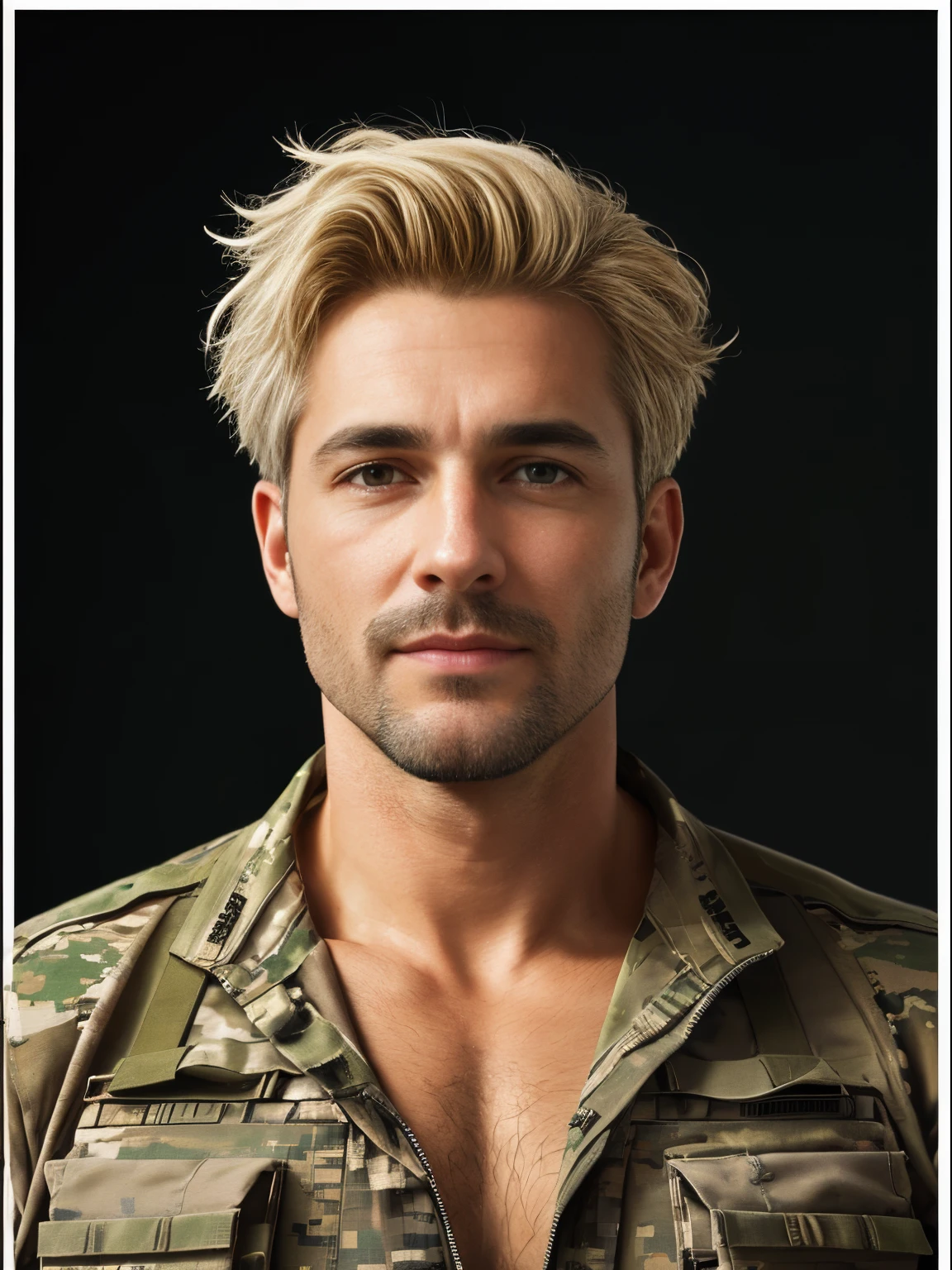 masterpiece, best quality, high resolution, closeup portrait, male focus, solo focus, A man, 50 years old, with military clothes, soldier, blonde bleached hair, messy hairstyle, cute and seductive face, bare chest, body hair, facial hair, roman nose, very skinny body, hairy legs, dimples, beard, bold jawline , in the background a millitary camp and other soldiers,  view from below, amazing composition, front view, HDR, ultra quality, elegant, highly detailed