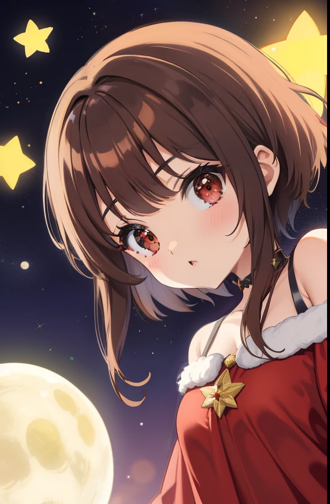 Megumim com roupas de Natal、uma lua、Estrelas, short hair, brown hair, olhos vermelhos, de frente ao trem natalino, corpo inteiro, noite, lua