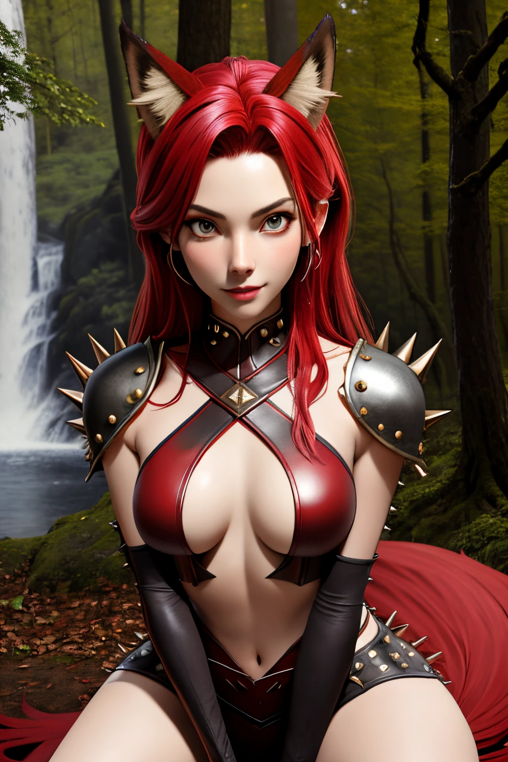 Beautiful 1girl in, fullbody, ager, Solo, spiky hair, disheveled spiky red hair, spiky red hair, light gray eyes, some small freckles, pale skin, medium breasts, cleavage, runners body, (thin hips, thin waist: 1.25), (arched back:1.12), detailed skin, neutral face, mischievous smile, revealing clothes, (wearing yeux rouge, Black and red studded leather armor, Bloody sword: 1.1), (groping chest: 1.23), touching herself, (crouching: 1.22), (dark dark red fox ears:1.25), (detailed magical forest background:1.1), creek, overlooking opening in forest, 4k textures, soft light, elegant, highly detailed, sharp focus, soothing tones, insane details, intricate details, hyperdetailed, low contrast, exposure blend, hdr, faded