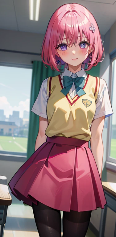 (top-quality:1.1), (​masterpiece:1.4), (absurderes:1.0), portlate, a closeup,
1girl in、Momovelia Deviluk、hair adornments、bob cuts、Shorthair pink hair、a purple eye、medium chest、Yellow school uniform、looking at the viewers、‎Classroom、(red blush:1.2)、a smile、black pantyhose king