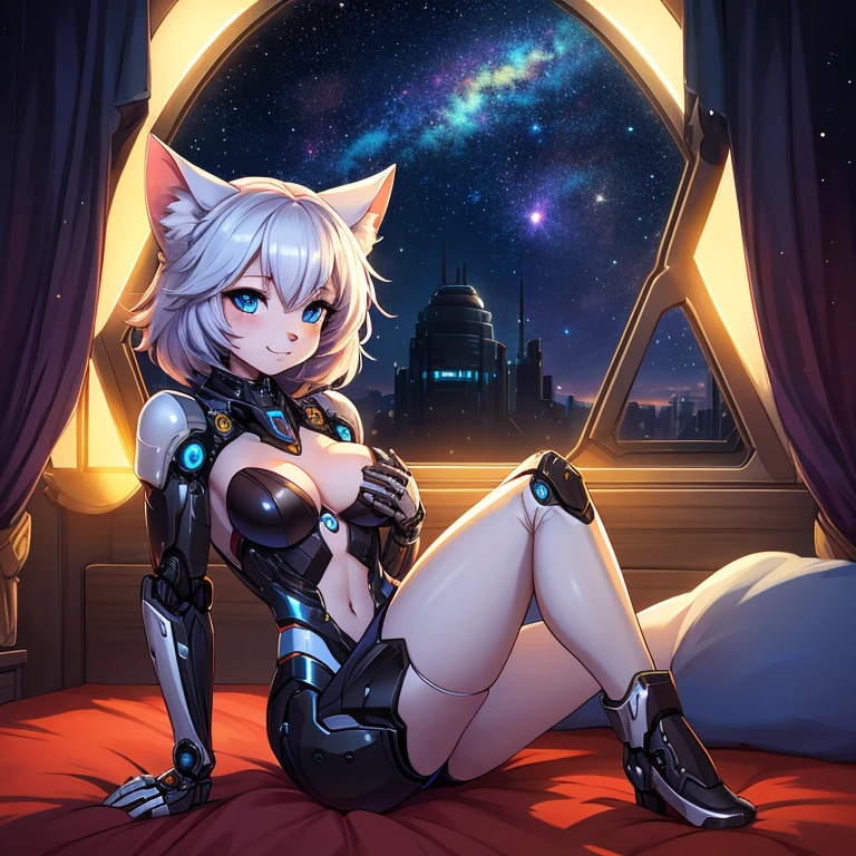 female, furry, metallic, robotic, shiny, anthro, young, kitten, short height, small breasts, thin body, legs spread, sitting on bed edge , knees slightly raised, hands on breast, cute face, stars, science fiction, galaxies, window, dim light, stars, sexy, masterpiece, high quality,