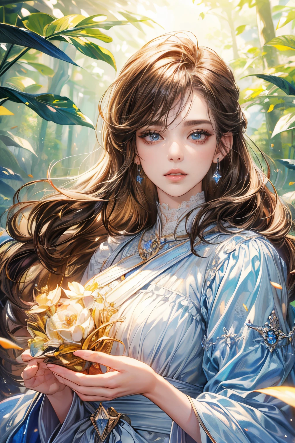 (best quality:1.4), (masterpiece:1.4), ultra-high resolution, 8K, CG, exquisite, upper body, solitude, thumb girl, little princess, blue taffeta court dress, forest background, detailed facial features, brown hair, almond-shaped eyes, detailed eye makeup, long eyelashes, amber eyes with a starry gaze, delicate lip details, soft and harmonious style