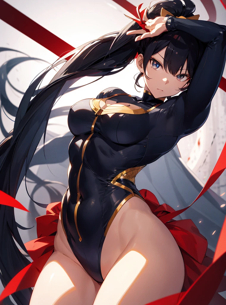 Anime Komi-san wa Komyushou Desu, Character Komi Shouko, 1girl, omni-man costume, large breasts, wide hips, athletic build, light muscles, long black hair, drops of blood on my clothes, Blank look,  Best Quality, hight resolution, 4k, 8K, higly detailed, intricate detials, Cinematic lighting, fit , amazing shading, soft-lighting, facing camera, (detailized face), (high-quality face), (High-quality eyes), (high-quality fingers),