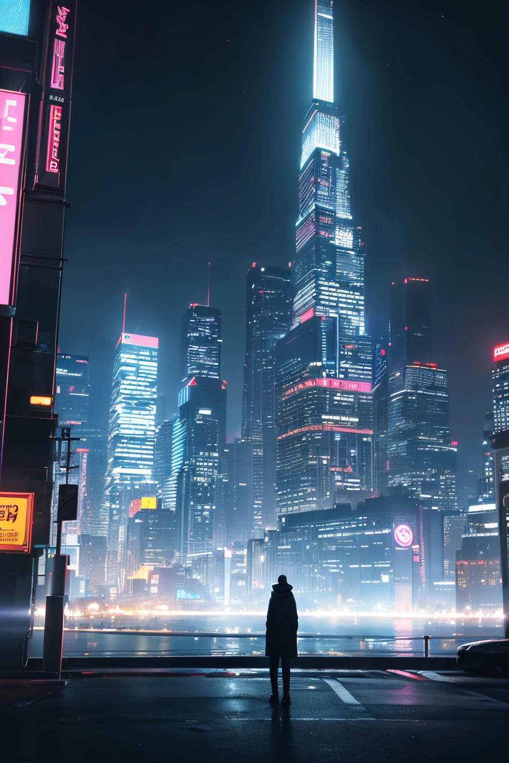 ((Highest quality)),((hyper detailed)),((Sci-fi atmosphere)),((best resolution)),((8K super HD, 4k)),((Cinematic Ray tracing)),((cool)),((wide view)),((colorful majestic neon)),((blurred colorful majestic neon light)),((High-Rise building), Hyper Cyberpunk city place settings, futuristik dark neon skyscrapers around the view, from afar one man with black coat and hood with a hint of futuristic elements, standing near futuristic luxury car, dark futuristic atmosphere, night time settings, special effect, blurred close-up particles, gas station building, neon light, sky full of stars, cloudy, bright moon, colorful majestic neon, magical futuristic, hologram, tons of skyscrapers, vast view, ultra lens portrait, cinematic, film texture, Ray tracing, unique side picture, very dark, midnight