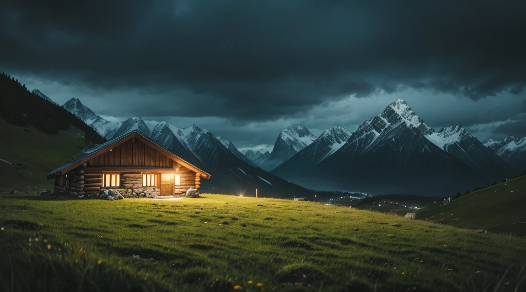 Mountain hut,rainy, grassland,night