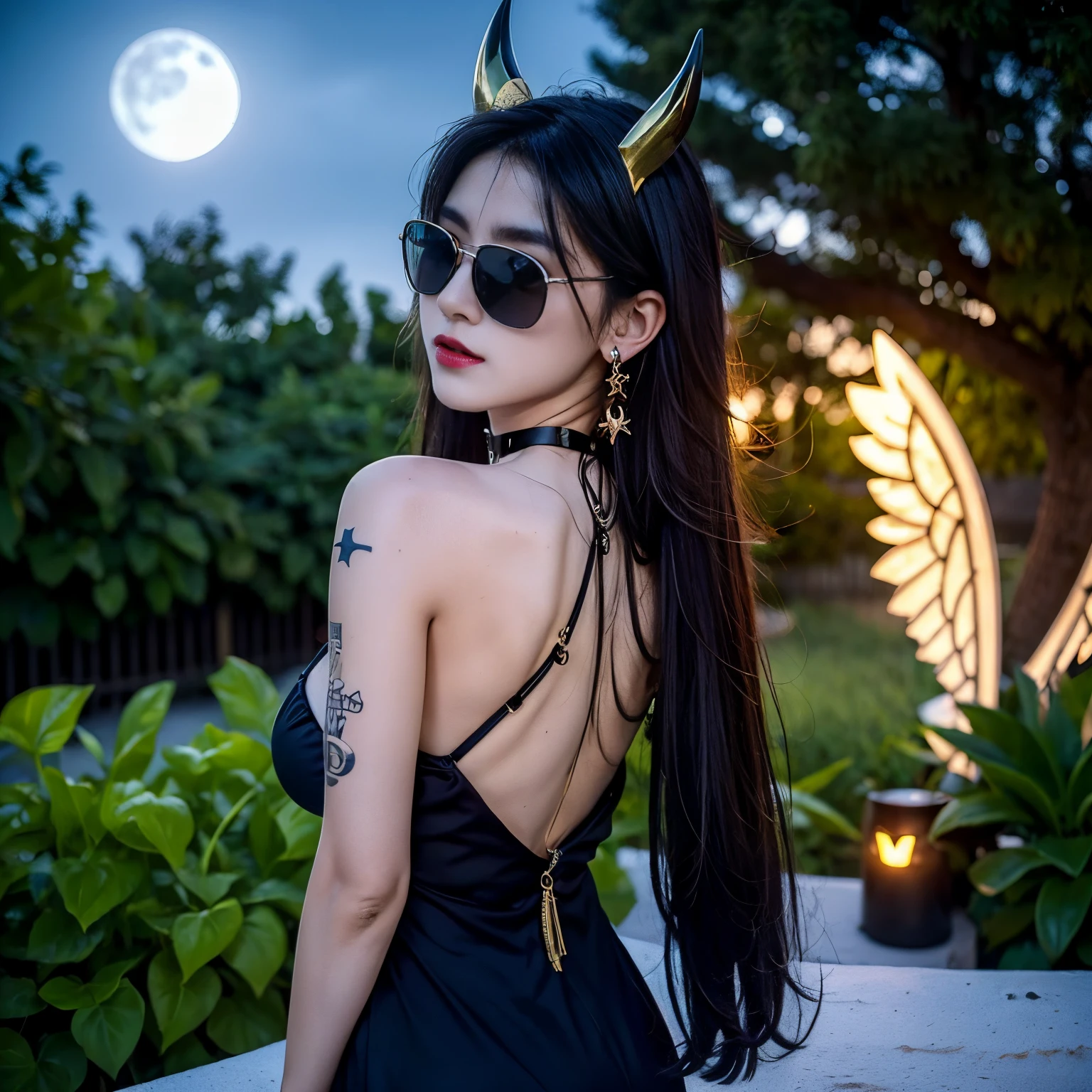 sunglasses, 1 girl with jesus, black dress bikini, angel, halo, demon horns, standing on the garden, choker, midget, super villain, stand, look from back, cross necklace, earrings, jewellery, jesus, jesus christ, cross tatto, sunglasses, evening with moon in the sky