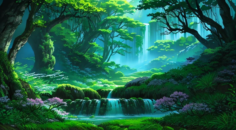 (digital painting),(best quality), enchanted forest, green, yellow, brown, Ukiyo-e art style, Lord of the Rings inspiration, Deviant Art popular, 8k ultra-realistic, earthy color scheme, soft lighting, golden hour, tranquil atmosphere, landscape orientation, Masterpiece, best quality, 8K, high res, ultra-detailed, beautiful night, mesmerising moonlight falling through the leaves, A scene of a waterfall cascading down a high cliff amongst lush greenery, adorned by vibrant flowers, towering pines, and delicate bamboo groves,no humans, sakura, beautiful view, ultra-detailed, fine detailed, highly detailed, intricate, highly detailed, ultra-detailed, scenery,no humans, lush green mountains, winding rivers, misty atmosphere, solitary, intricate details, delicate features, verdant trees, blooming flowers, druid's circle, soft moss, deep forest, intricate leaves and vines, wisps of light, still pool of water, pristine, verdant green, A picturesque scene of a waterfall cascading down a high cliff amongst lush greenery, adorned by vibrant flowers, towering pines, and delicate bamboo groves.