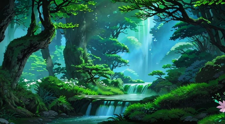 (digital painting),(best quality), enchanted forest, green, yellow, brown, Ukiyo-e art style, Lord of the Rings inspiration, Deviant Art popular, 8k ultra-realistic, earthy color scheme, soft lighting, golden hour, tranquil atmosphere, landscape orientation, Masterpiece, best quality, 8K, high res, ultra-detailed, beautiful night, mesmerising moonlight falling through the leaves, A scene of a waterfall cascading down a high cliff amongst lush greenery, adorned by vibrant flowers, towering pines, and delicate bamboo groves,no humans, sakura, beautiful view, ultra-detailed, fine detailed, highly detailed, intricate, highly detailed, ultra-detailed, scenery,no humans, lush green mountains, winding rivers, misty atmosphere, solitary, intricate details, delicate features, verdant trees, blooming flowers, druid's circle, soft moss, deep forest, intricate leaves and vines, wisps of light, still pool of water, pristine, verdant green, A picturesque scene of a waterfall cascading down a high cliff amongst lush greenery, adorned by vibrant flowers, towering pines, and delicate bamboo groves.