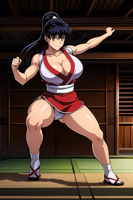 Kagome Higurashi, mai shiranui from the king of fighters, 1girl, solo, beautiful detailed eyes, ultradetailed eyes, extremely detailed face, perfect lighting, long black hair, golden eyes, 25yo, Japanese mature female, kunoichi dress, cleavage, matured face, teeth, grin, arrogant smile, big breast, big hips, full body view, athletic body, (Curvy:1.35), fighting stance, defensive pose, dynamic pose, martial arts, female fighter, ((Master piece)), best quality, BREAK dojo, japanese architecture,