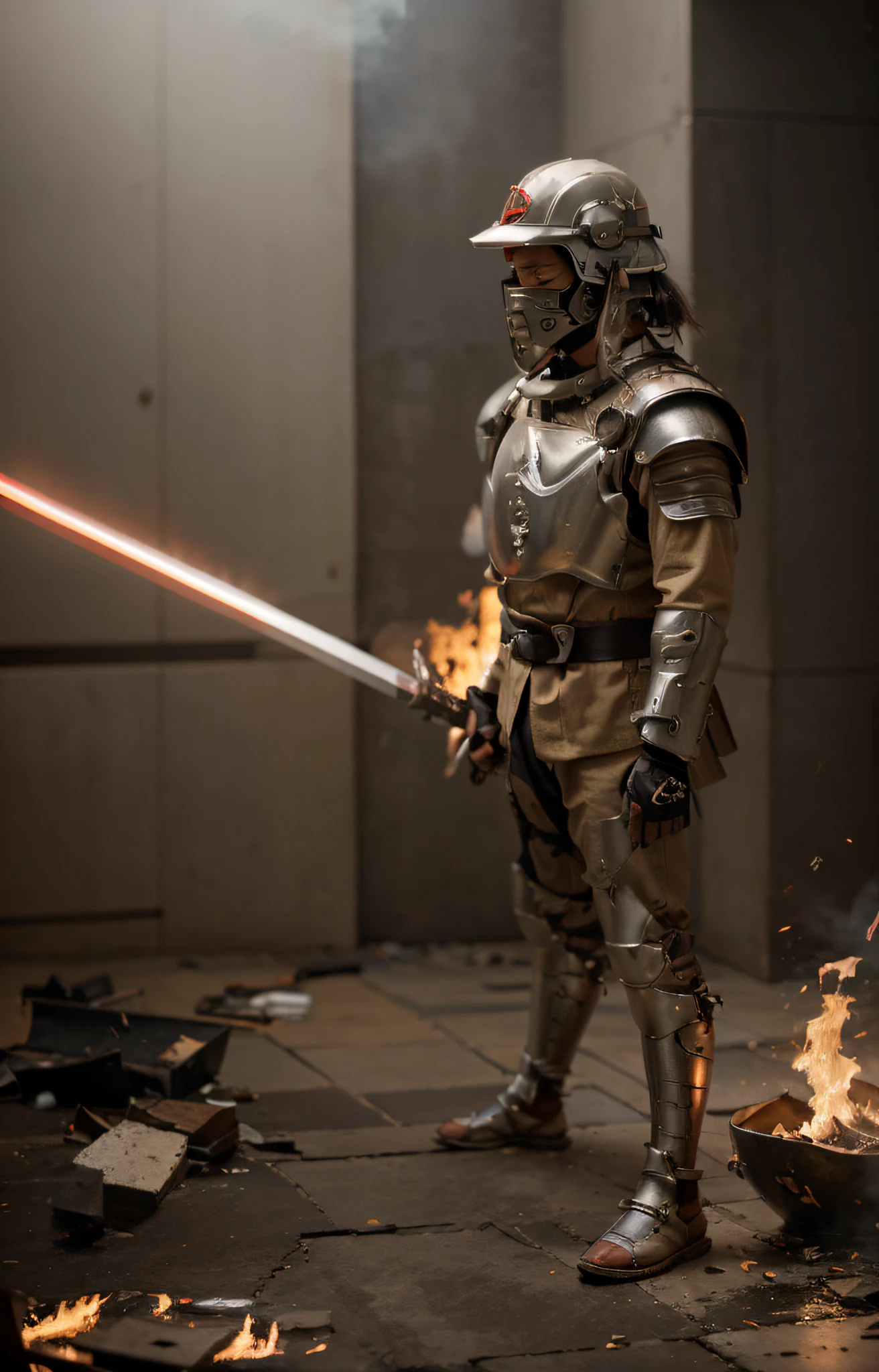 guerrero masculino, Cara japonesa, casco estilo samurai, Modern Japanese style cyborg full heavy metal chest armor, color rojo con detalles blancos, debajo de la armadura lleva un uniforme militar beige., holds an ultra-modern laser-edged katan sword, he is in a completely destroyed modern asian city, Fuego, Explosiones, humo, 4k, Imagen ultra detallada, realista, Altamente detallado, perfect composition, splendid, Intrincadamente detallado, Incredibly detailed, 8 k artistic photography, hiper detallado, Obra maestra, Ultra detallado, Hiperrealista, 4k, Imagen ultra detallada, realista, Altamente detallado, perfect composition, splendid, Intrincadamente detallado, Incredibly detailed, 8K fine art photography, hiper detallado, Obra maestra