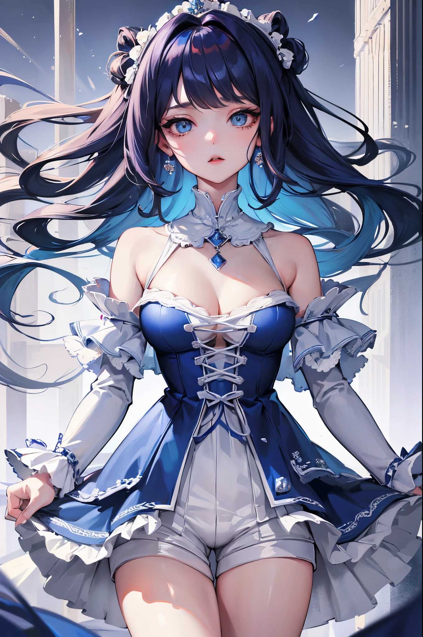 ((Highest quality)),(Ultra-high resolution),Blue dress with flared skirt,dress that does not expose the breasts、The dress is made of blue roses、Highly detailed CG Unity 8k wallpaper, , Earrings, Blue hair, Curly Hair, Blunt bangs, Straight bangs, Blue eyes, White skin, Gal, Improve、Her flat chest is hidden by her dress、Reduce exposure、