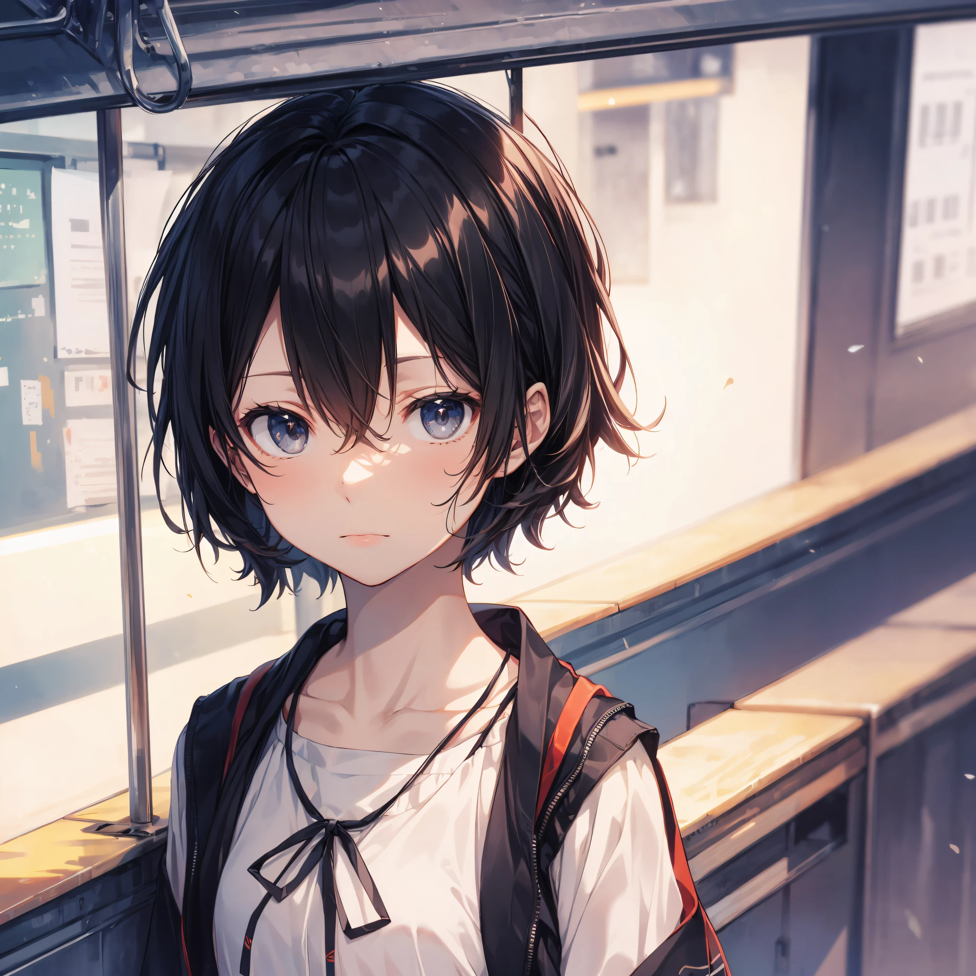 best god quality, Ultra-detailed, anime moe art style,Best Anime 8K Konachan Wallpapers,Pixiv Contest Winner,Perfect Anatomy, (Draw a girl sleepily walking to school. ),BREAK, 1girl is a cool beautiful girl, (Solo,Lori,child,13years:1.3),a junior high school student, Androgynous attraction, (Center part very short hair),hair messy, Forehead, Full limbs, complete fingers,flat chest, Small butt, groin, Small eyes,Beautiful detailed black eyes,Well-proportioned iris and pupils,disgusted eye, School uniform, Skirt,On the way to school. BREAK,High resolution,super detailed skin, Best lighting by professional AI, 8K Illustration,
