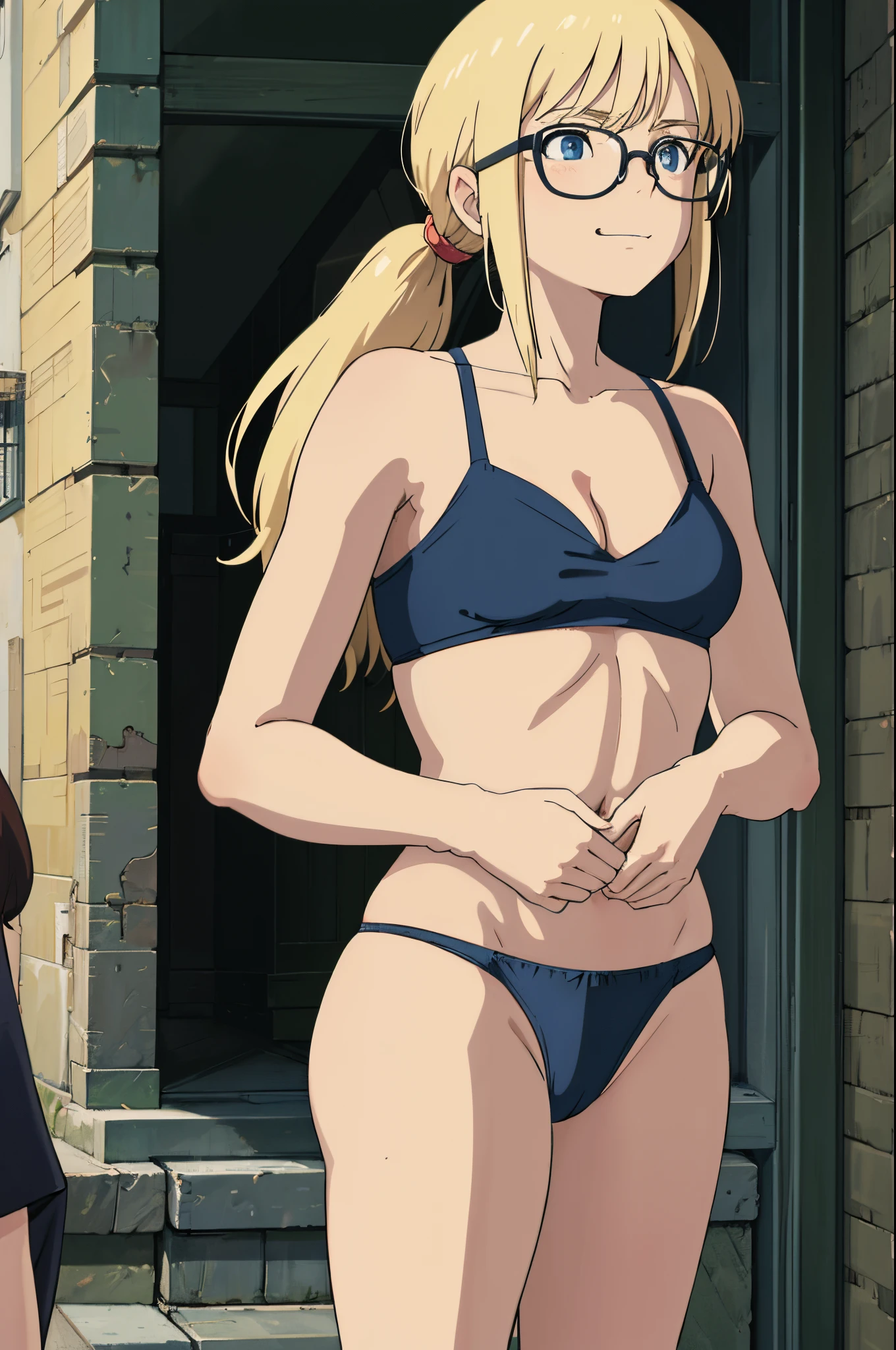 blonde woman with straight hair and bangs, wearing glasses, 1girl, solo, hair in a ponytail, 21 years old, no makeup, soft face, sweet smile, back view, small mouth closed, medium boobs, blue eyes, realistic photo, in street, high pov, looking down, green bra, cleavage, midriff, thong panties,