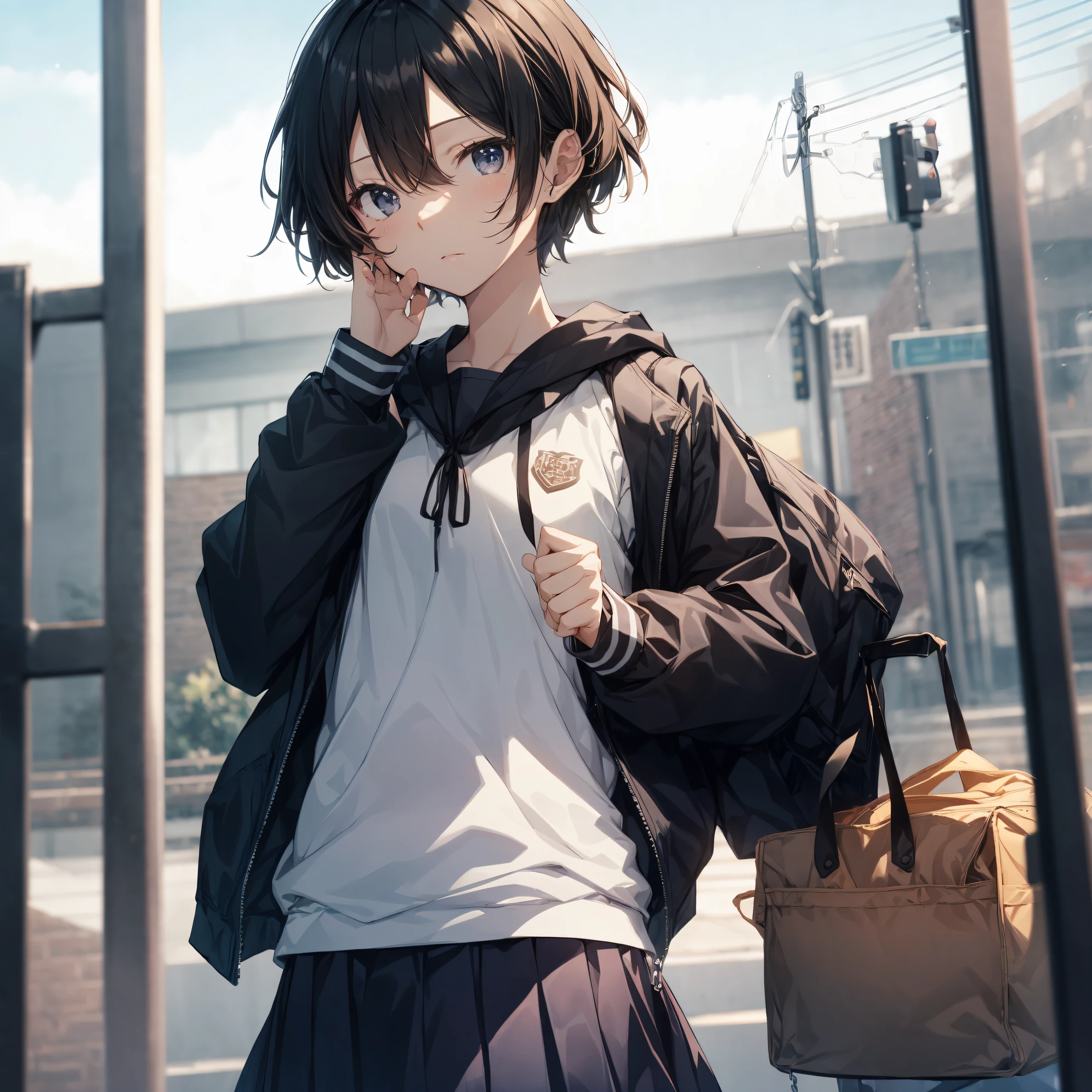 best god quality, Ultra-detailed, anime moe art style,Best Anime 8K Konachan Wallpapers,Pixiv Contest Winner,Perfect Anatomy, (Draw a girl sleepily walking to school. ),BREAK, 1girl is a cool beautiful girl, (Solo,Lori,child,13years:1.3),a junior high school student, Androgynous attraction, (Center part very short hair),hair messy, Forehead, Full limbs, complete fingers,flat chest, Small butt, groin, Small eyes,Beautiful detailed black eyes,Well-proportioned iris and pupils,disgusted eye, School uniform, Skirt,On the way to school. BREAK,High resolution,super detailed skin, Best lighting by professional AI, 8K Illustration,