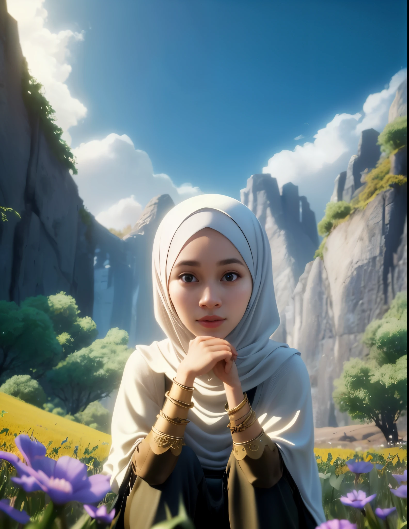 arafed woman in a hijab sitting in a field of flowers, small character. unreal engine 5, unreal engine render + a goddess, (octane rendentasy style, 8k portrait render, rendered in unreal engine 5, artwork in the style of guweiz, rendered unreal engine 5, unreal engine 5 highly rendered, realistic fantasy render, render in unreal engine 5