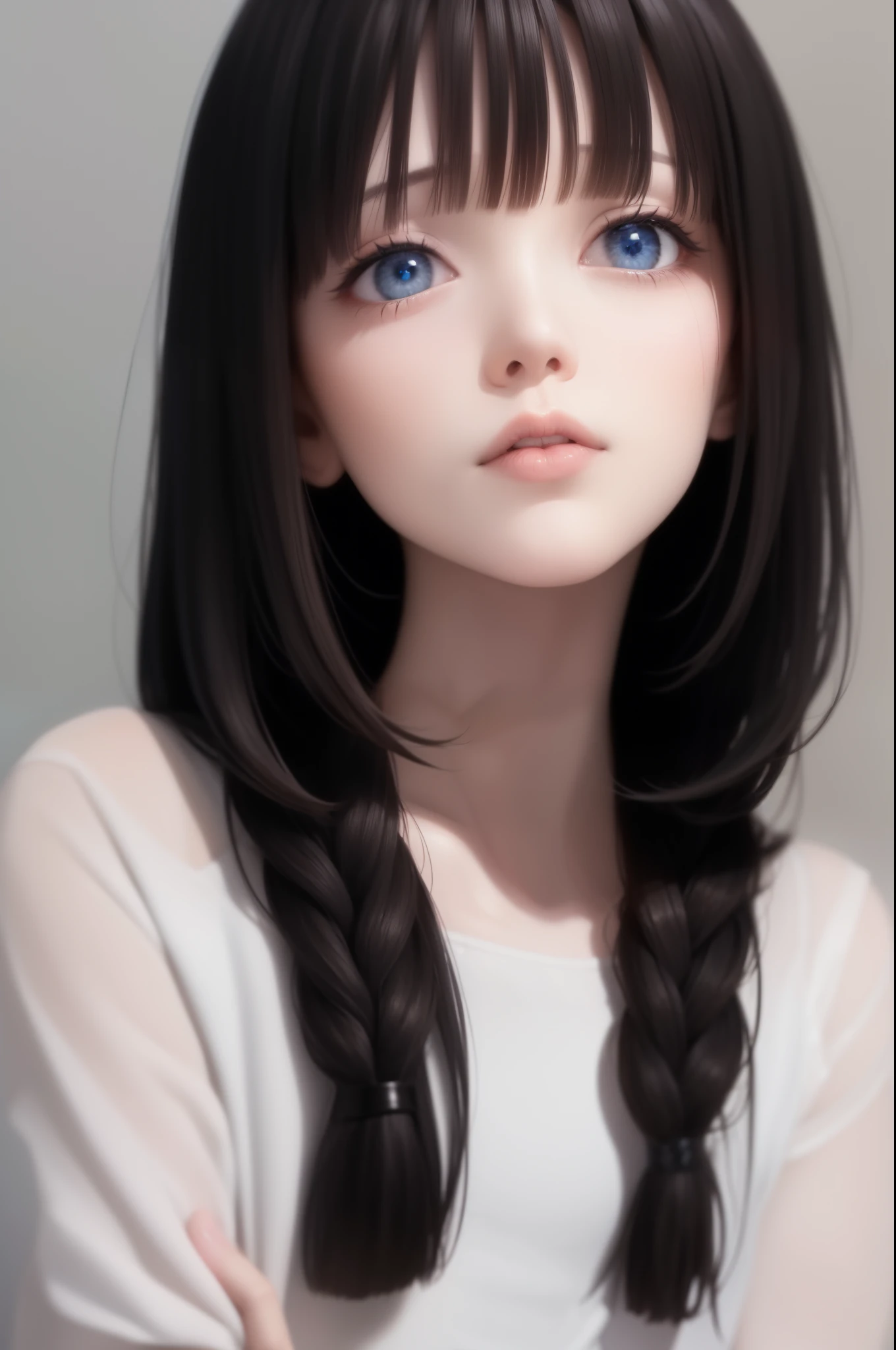 best quality, masterpiece,Black hair, blue eyes, looking up, upper body