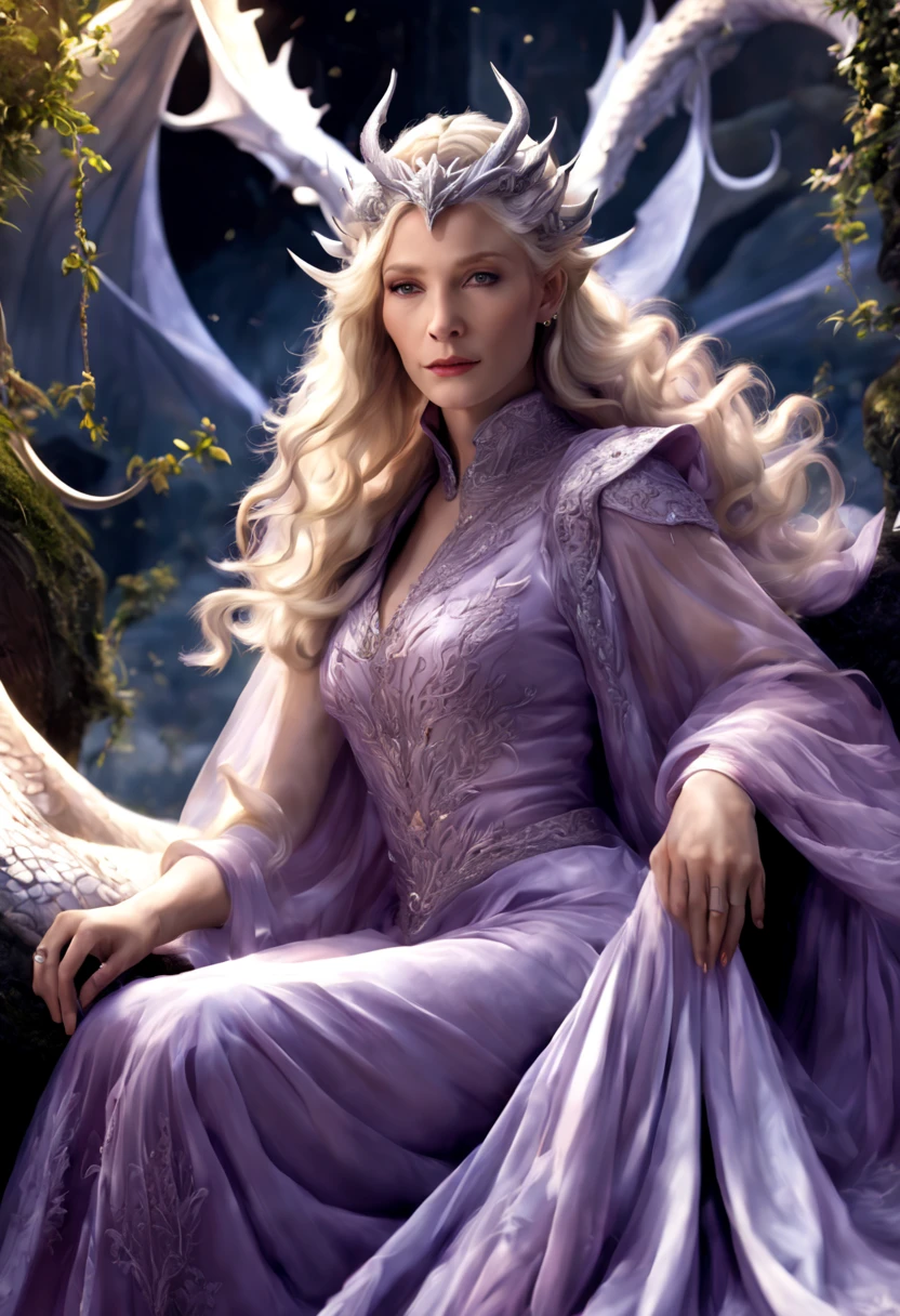 Queen of the White Dragon, mulher madura jovem, "Galadriel, Cate Blanchett", Orelhas longas de elfos, elegant lilac Ruby dress, mama grande, Curvy, dragon ling vawy hair, Cabelos Super Longos, soft facial features, White dragon horns on his head, Mulher majestosa, silver decoration on her Ruby lilac dress, Rainha Estrela Prateada, Grandes olhos azuis, cherry lips, White dragons, starly sky