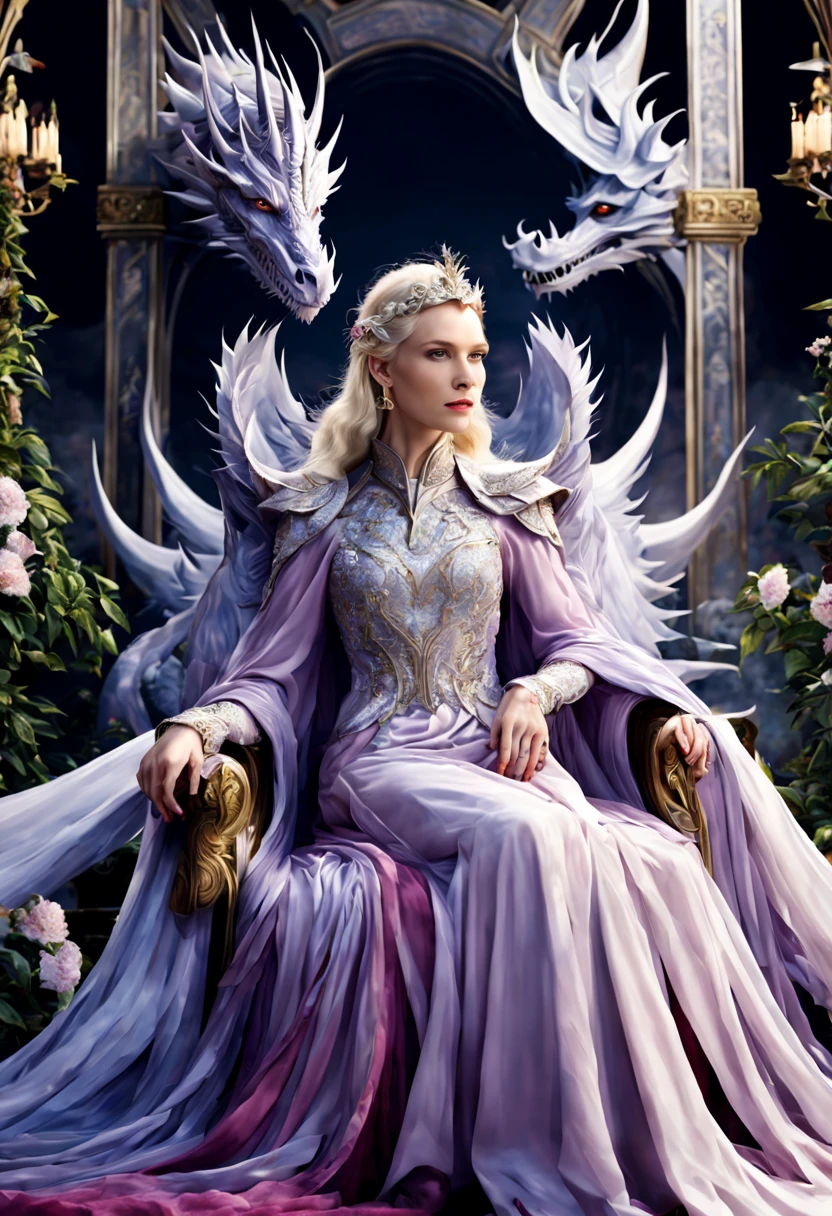 Queen of the White Dragon, mulher madura jovem, "Galadriel, Cate Blanchett", Orelhas longas de elfos, elegant lilac Ruby dress, mama grande, Curvy, dragon ling vawy hair, Cabelos Super Longos, soft facial features, White dragon horns on his head, Mulher majestosa, silver decoration on her Ruby lilac dress, Rainha Estrela Prateada, Grandes olhos azuis, cherry lips, White dragons, starly sky