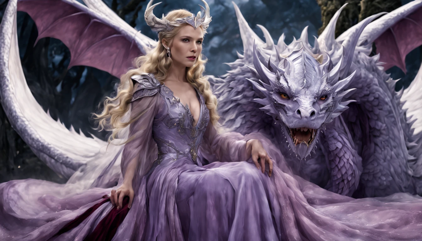 Queen of the White Dragon, mulher madura jovem, "Galadriel, Cate Blanchett", Orelhas longas de elfos, elegant lilac Ruby dress, mama grande, Curvy, dragon ling vawy hair, Cabelos Super Longos, soft facial features, White dragon horns on his head, Mulher majestosa, silver decoration on her Ruby lilac dress, Rainha Estrela Prateada, Grandes olhos azuis, cherry lips, White dragons, starly sky