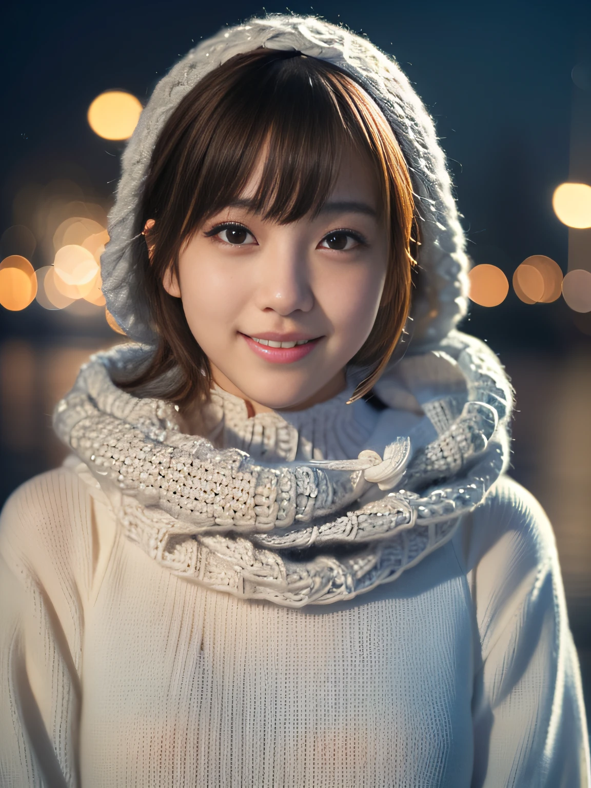 1 japanese idol,(a sailor suit:1.4),(She wears a knitted snood around her neck to hide her chin..........:1.5), (Raw photo, Best Quality), (Realistic, Photorealsitic:1.4), Shorthair, Slender face, masutepiece, extremely delicate and beautiful, Extremely detailed, 8k wallpaper, amazing, finely detail, extremely detailed CG Unity, hight resolution, Soft light, beautiful detail, age19, extremely detailed eye and face, beautiful detailed nose, Beautiful detailed eyes,Cinematic lighting,city light at night,Perfect Anatomy,Slender body,Smiling  (hair messy, asymmetrical bangs, light brown hair,)