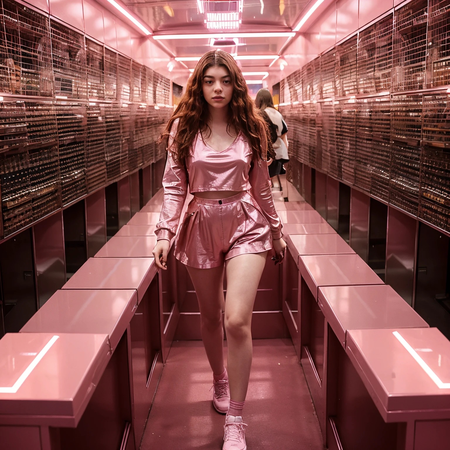 Lorde, in a pink outfit, entering a pink metropolitan city with a grand entrance, use references from her newest album “Solar Power” for visuals