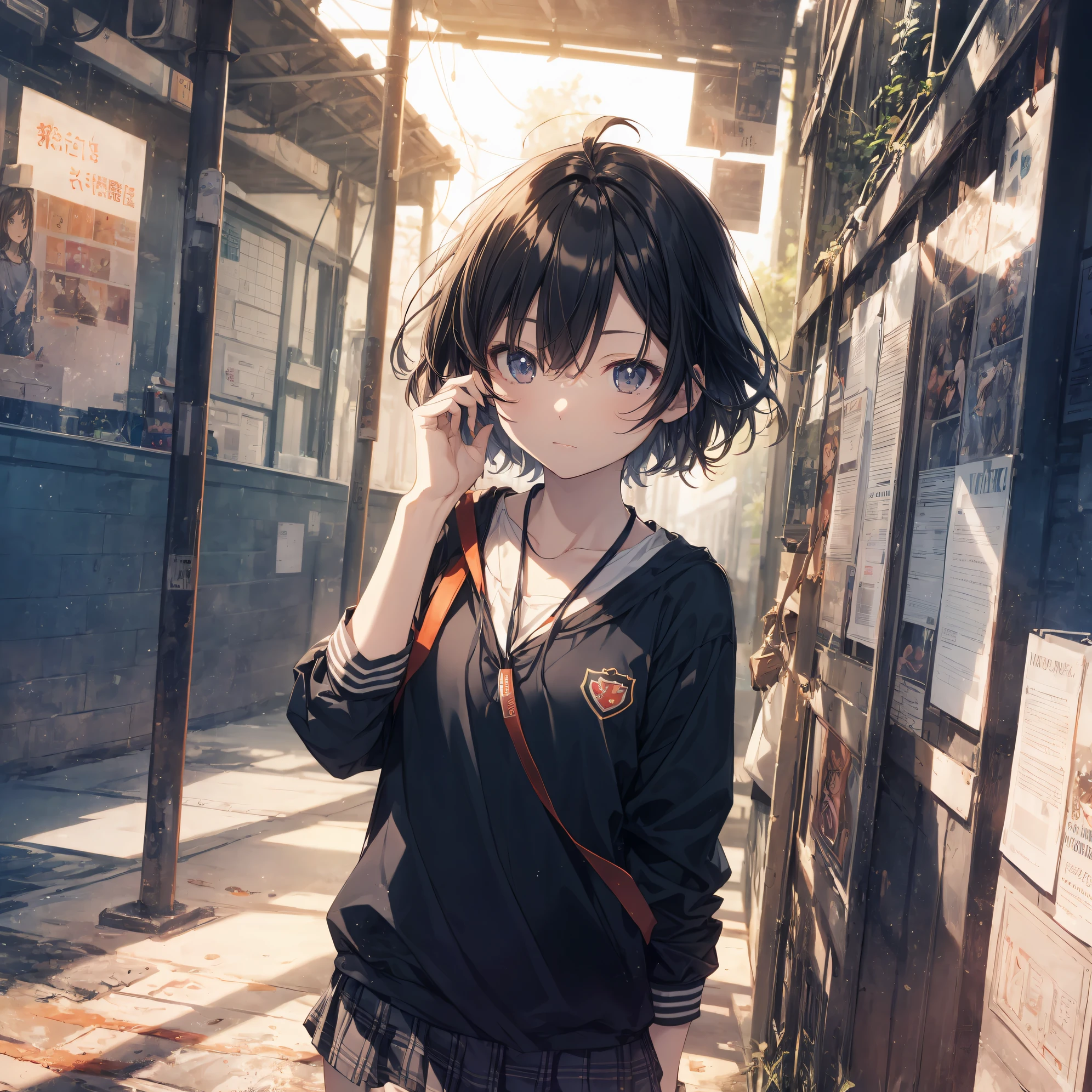 best god quality, Ultra-detailed, anime moe art style,Best Anime 8K Konachan Wallpapers,Pixiv Contest Winner,Perfect Anatomy, (Draw a girl sleepily walking to school. ),BREAK, 1girl is a cool beautiful girl, (Solo,Lori,child,13years:1.3),a junior high school student, Androgynous attraction, (Center part very short hair),hair messy, Forehead, Full limbs, complete fingers,flat chest, Small butt, groin, Small eyes,Beautiful detailed black eyes,Well-proportioned iris and pupils,disgusted eye, School uniform, Skirt,On the way to school. BREAK,High resolution,super detailed skin, Best lighting by professional AI, 8K Illustration,