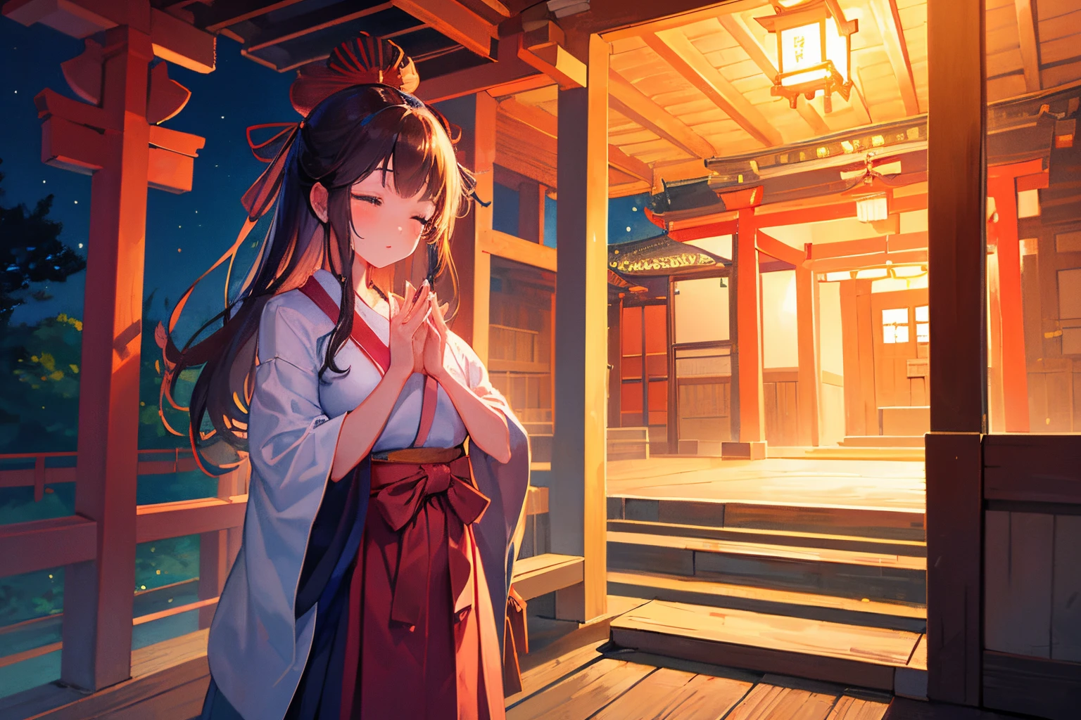 Creating an illustration of a girl making her first shrine visit (hatsumode) at a Shinto shrine. The girl has her eyes closed and hands clasped in prayer, aiming for an overall fantastical and nostalgic atmosphere with intricate details. The goal is to produce a high-quality illustration that captures the essence of the moment, delivering a magical and finely crafted artwork