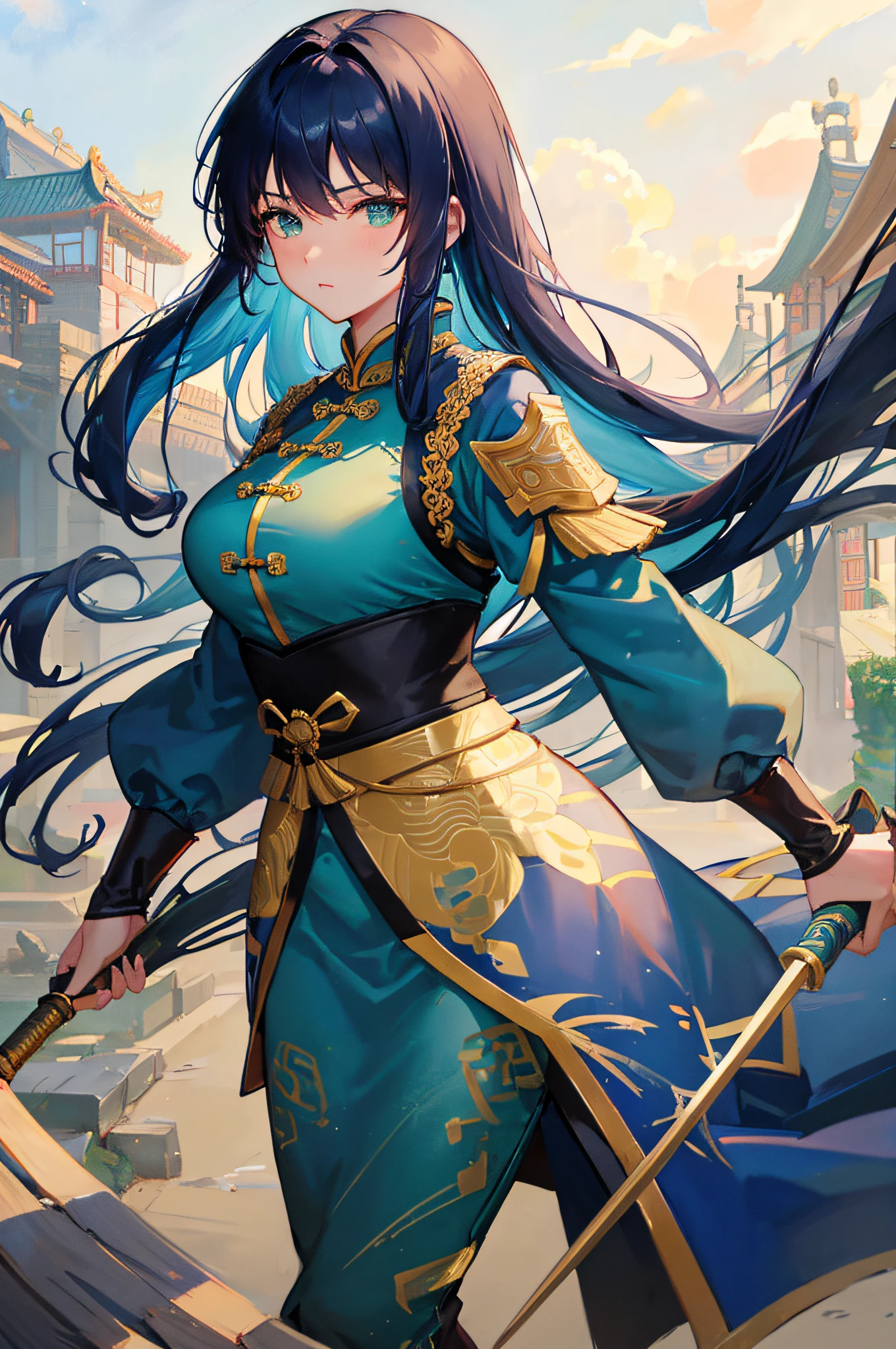 4K,hight resolution,One Woman,Dark blue hair,Longhaire,Green eyes,ancient chinese military commander,blue ancient chinese armor,spear,ancient chinese castle town