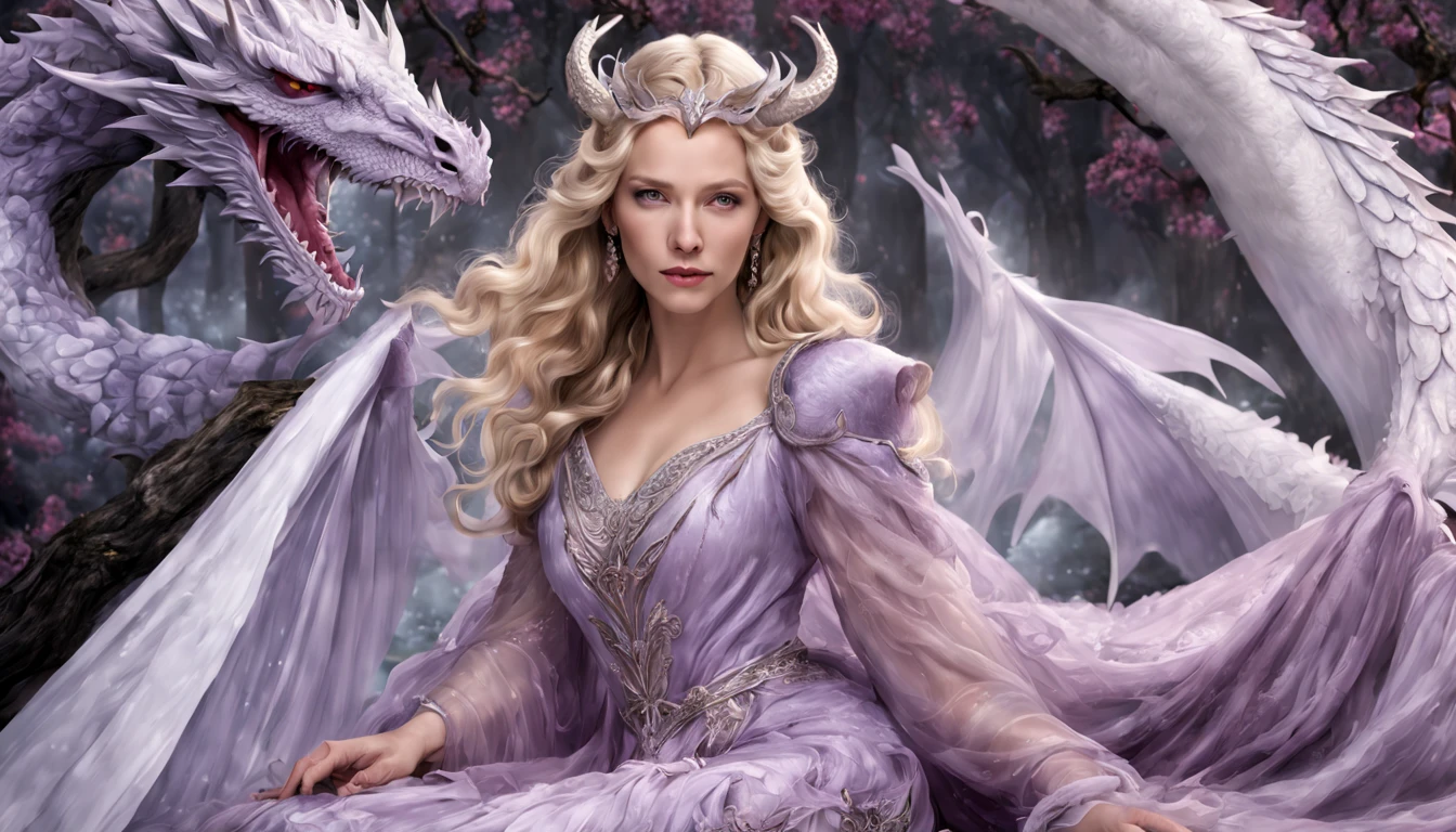 Queen of the White Dragon, mulher madura jovem, "Galadriel, Cate Blanchett", Orelhas longas de elfos, elegant lilac Ruby dress, mama grande, Curvy, dragon ling vawy hair, Cabelos Super Longos, soft facial features, White dragon horns on his head, Mulher majestosa, silver decoration on her Ruby lilac dress, Rainha Estrela Prateada, Grandes olhos azuis, cherry lips, White dragons, starly sky