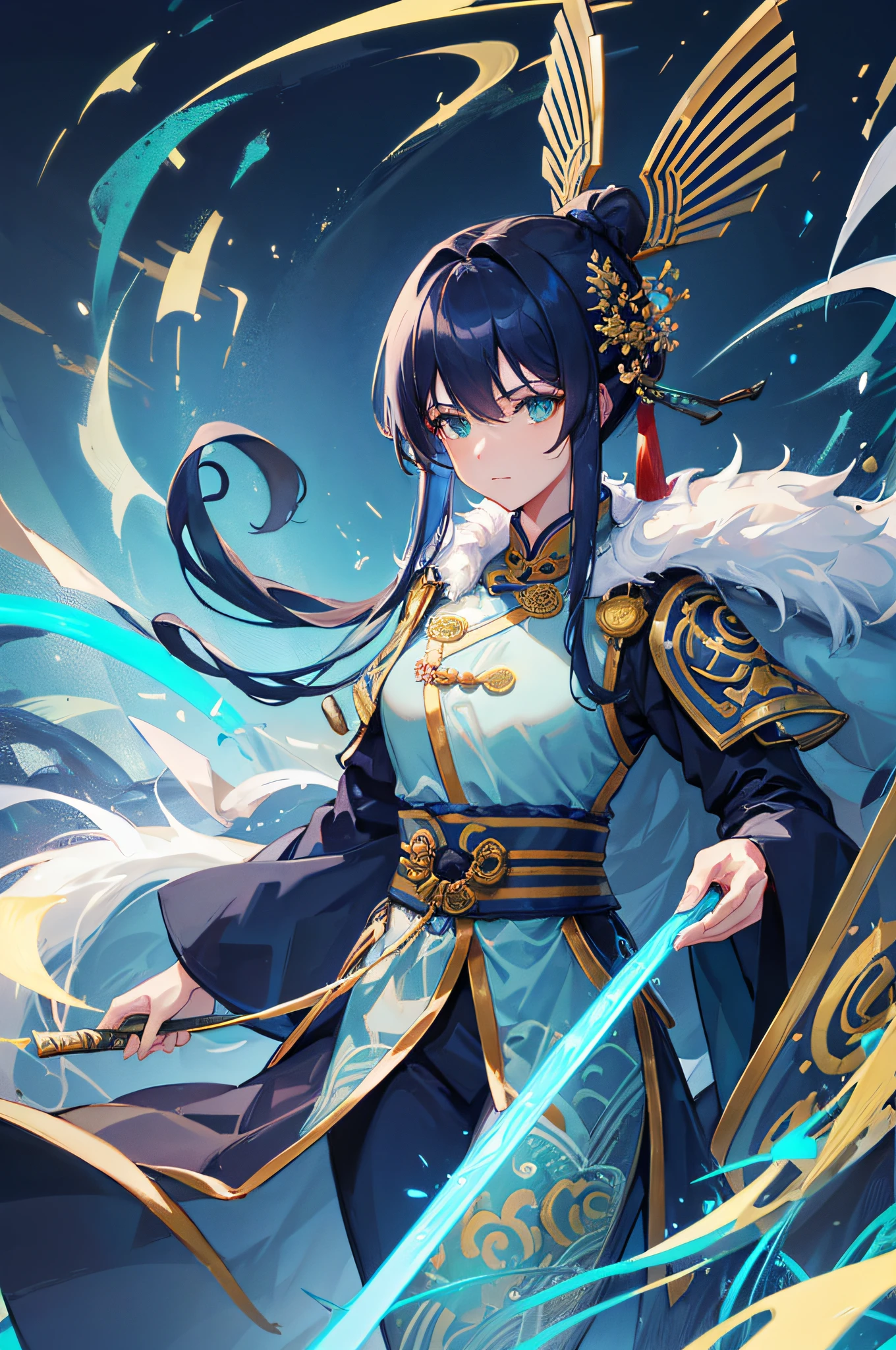 4K,hight resolution,One Woman,Dark blue hair,Longhaire,Green eyes,ancient chinese military commander,blue ancient chinese armor,Ancient Chinese swords,ancient chinese castle town