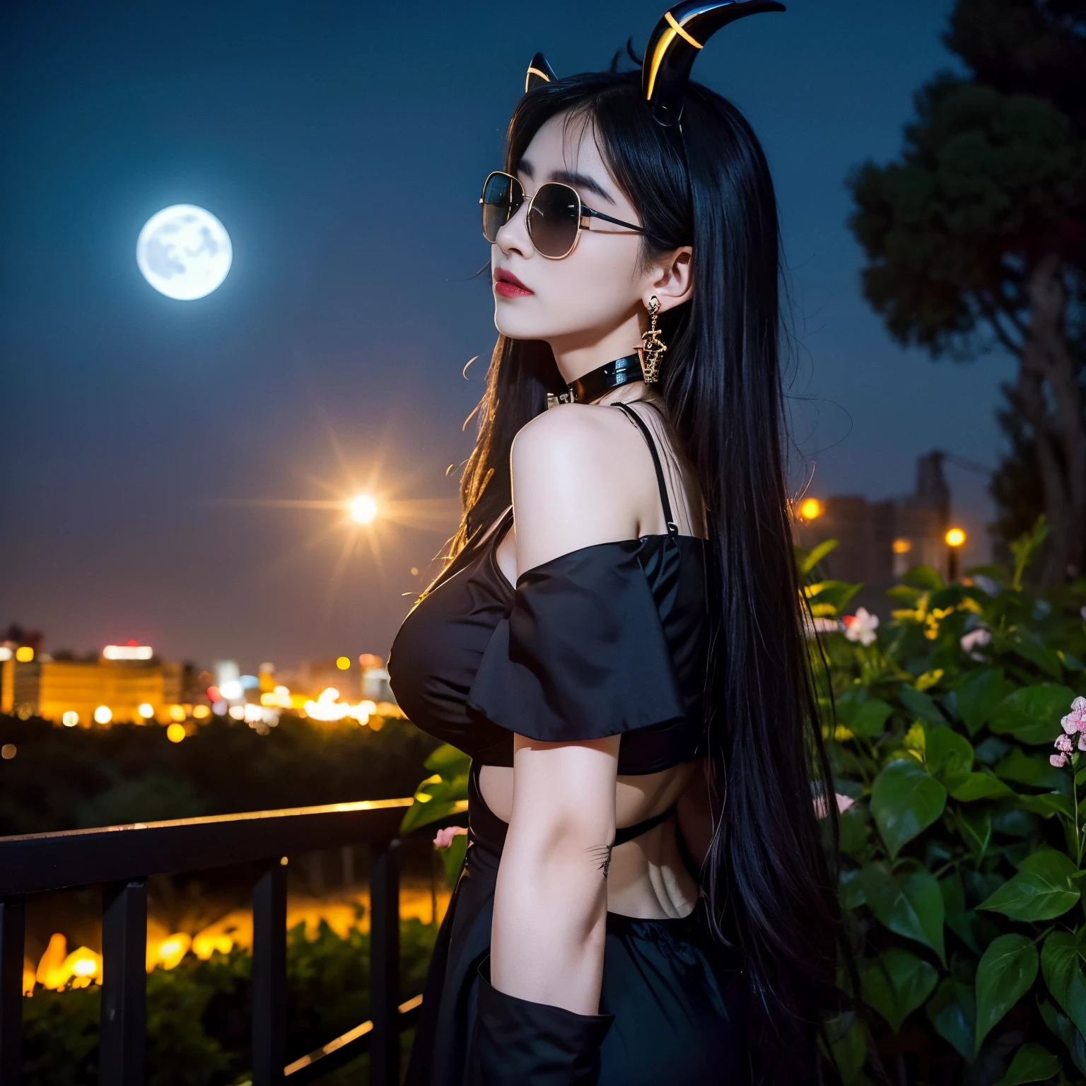 sunglasses, 1 girl with jesus, black dress bikini, halo, demon horns, standing on the garden, choker, midget, super villain, stand, look from back, cross necklace, earrings, jewellery, jesus, jesus christ, cross tatto, sunglasses, evening with moon in the sky