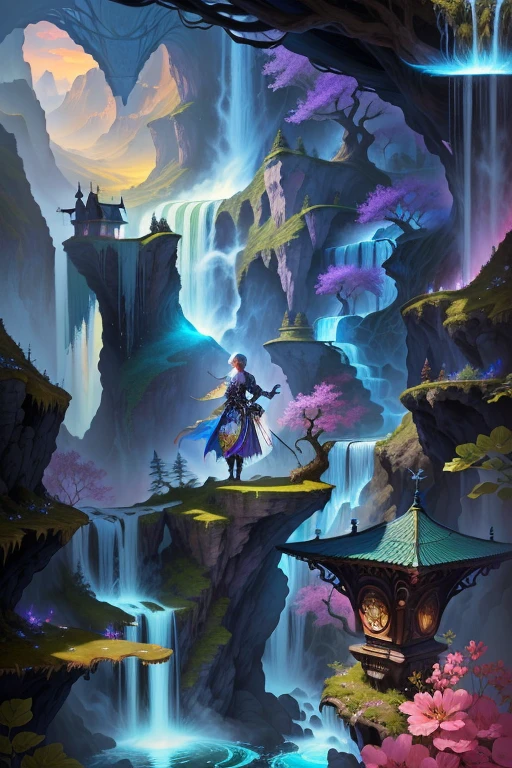 a painting of a waterfall with a waterfall in the middle, Detaillierte digitale Fantasy-Kunst, Magic Fantasy hochdetailliert, Hochdetaillierte Fantasy-Kunst, Beautiful, detaillierte Fantasie, Magische Umgebung, Magischer Hintergrund, Zauberhafte Landschaft, Komplizierte Fantasy-Malerei, Detaillierte Fantasy-Kunst, Detaillierte Traumlandschaft, Fantasy sehr detailliert, Detaillierte Fantasy-Illustration, Hochdetaillierte digitale 4K-Kunst, Beautiful fantasy painting, Magischer Fantasiewald