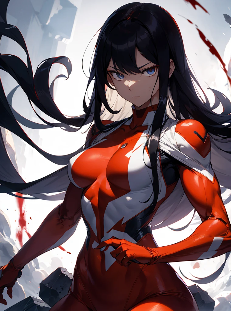 Anime Komi Can't Communicate, Character Komi Shouko, 1girl, omni-man suit, red and white suit, big breastes, wide hips, athletic build, moderate musculature, Long black hair, drops of blood on the face, empty look, Best Quality, hight resolution, 4k, 8K, higly detailed, intricate detials, Cinematic lighting, fit , amazing shading, soft-lighting, facing camera, (detailized face), (high-quality face), (High-quality eyes), (high-quality fingers),