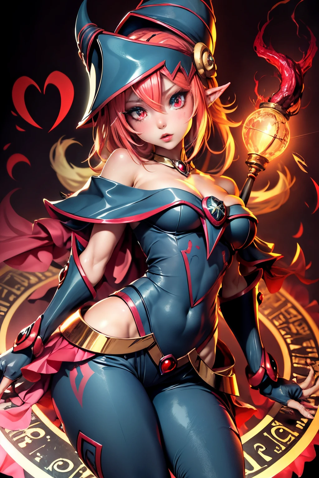 Hermosa maga oscura (obra maestra: 1.2, La mejor calidad), (1 , solamente), grandes senos, (Dynamic posture), (piel brillante, crimson red skin), crimson red skin, Dark Magician Girl Demon Version Sezy, piel roja, Guantes finos y de encaje, ( small demonic horns:1.1), (Lilith \(Darkstalkers\)), (cielo), fleco, (jewely, Adorno dorado:1.15 ), pelvis grande, azul (pant1) Dark Magician Girl Sexy Demoersion. Magic circle and magic hearts. Fondos de hadas y magia