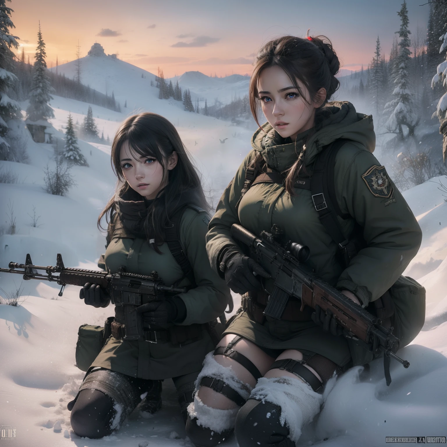 (8k, La mejor calidad, Obra maestra:1.2) personajes dos chicas de anime juntas soldado de aviones sexy labios rojos gruesos y calientes Ojos 4k y cara extremadamente detallados,hermosos ojos azules hermosos ,con pechos enormes muslos hechizantes cuerpo completo sentados en un banco en la nieve con un rifle, Desde NCSOFT, De Girls Frontline, Ilustraciones oficiales HDR, fondo de guerra en combat