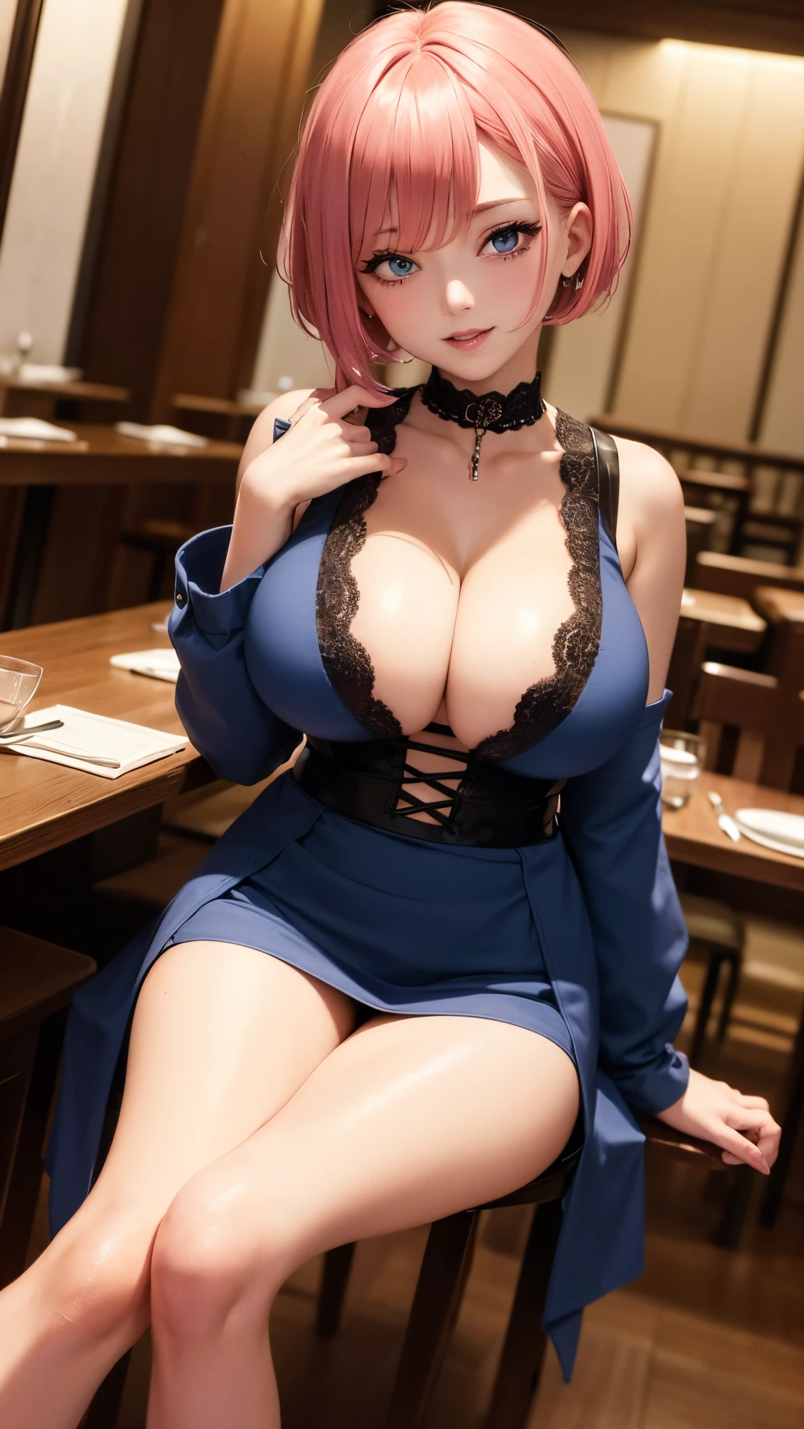 8k, high resolution, masterpiece, illustration, extreme detail, pink short hair, blue eyes, eyeliner, mascara, extra large breast, exposed cleavage,blushing, laughing, happy, choker, blue sundress,black skirt, dinner, inside restaurant, japanese food, sushi, sitting, crossing legs
