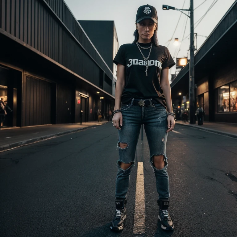 "(35-year-old Caucasian female in high quality and resolution, detailed face, full body) wearing an ultra-realistic streetwear:1.2 with a plain black shirt and a black trucker cap, black jeans with rips at knees, black boots, chain with cross pendant. Surrounded by a dystopian cyberpunk nightscape. "