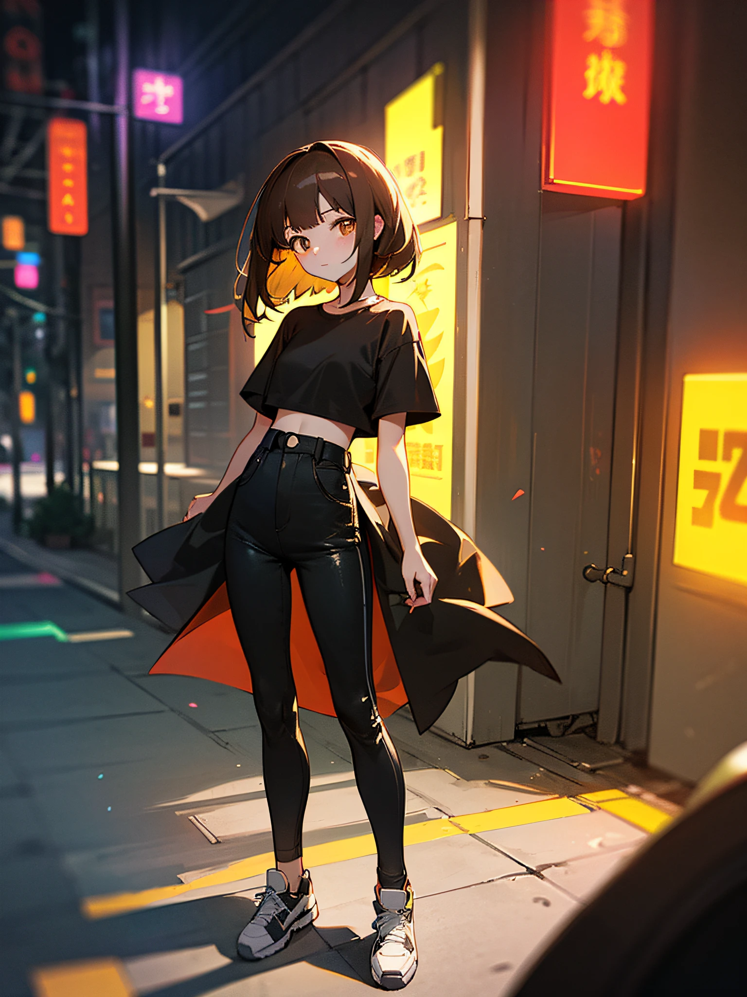 8K picture quality、Top resolution、The highest image quality、One Woman、full body Esbian、is standing、Inside the city、Black T-shirt、Black Skinny、white shoe、yellow neon on clothes、Brown hair、Semi-long、Looking at the camera、
