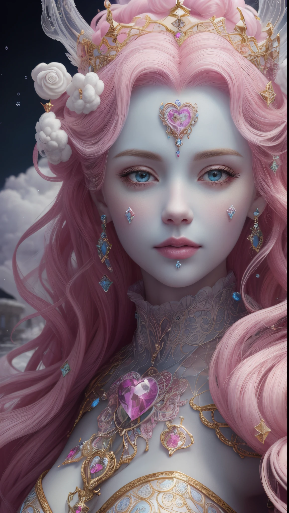 Cotton Candy Queen Women Goddess 8k Resolution Rendered Hyper Realistic Intricate Detail lives in an frosty heart shaped ice bubble, a fanciful place filled with castles, cotton candy, swans lakes and fluffy clouds, An intricate visual representation of computer programing, rendered in 24k resolution with intricate details and symbols.