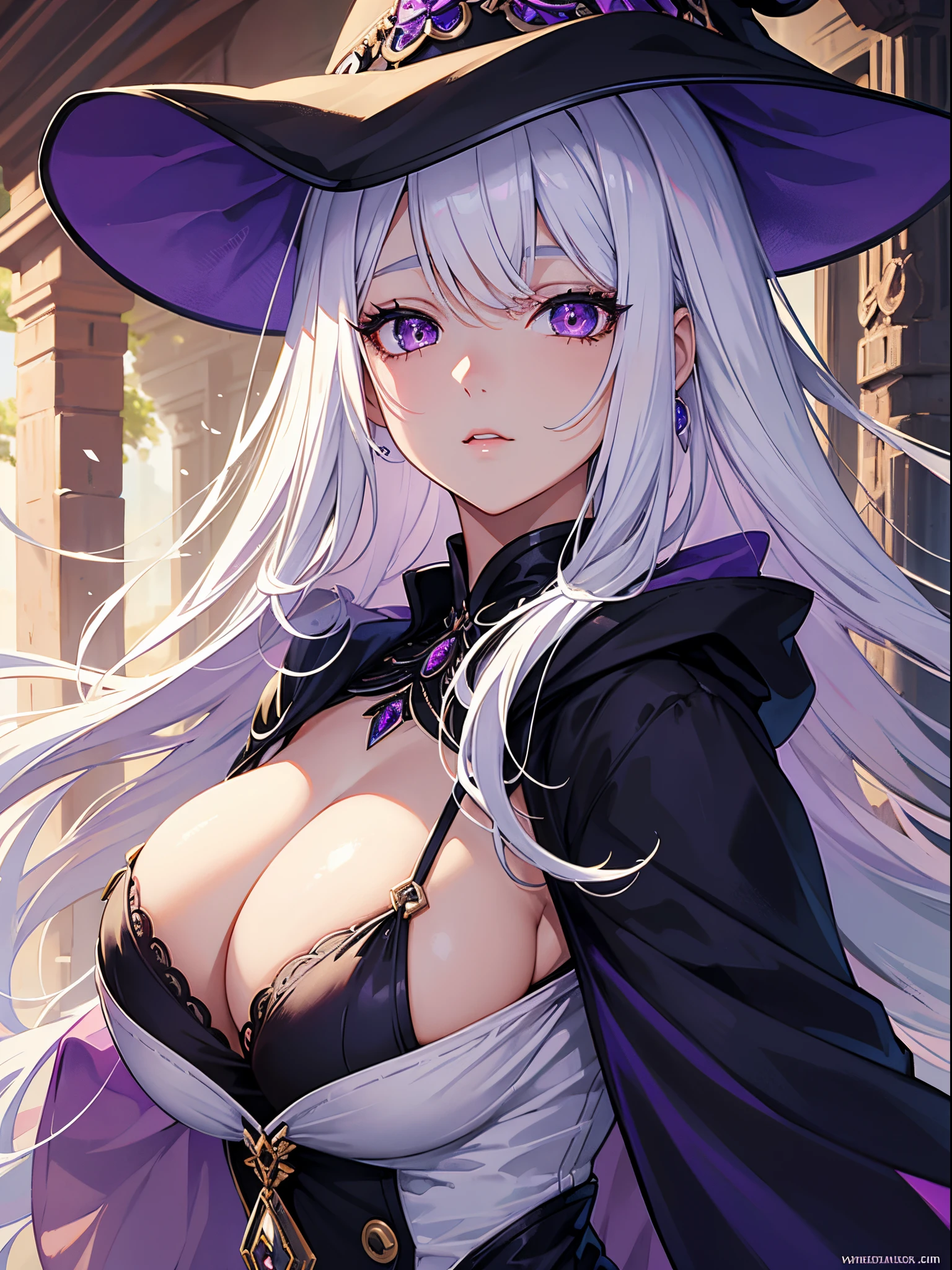 masterpiece, best quality, ultra detailed, illustration, 1 girl, white hair, long hair, large breast, purple eyes, beautiful detailed eyes, delicate beautiful face, witch hat, witch robe, outdoors,