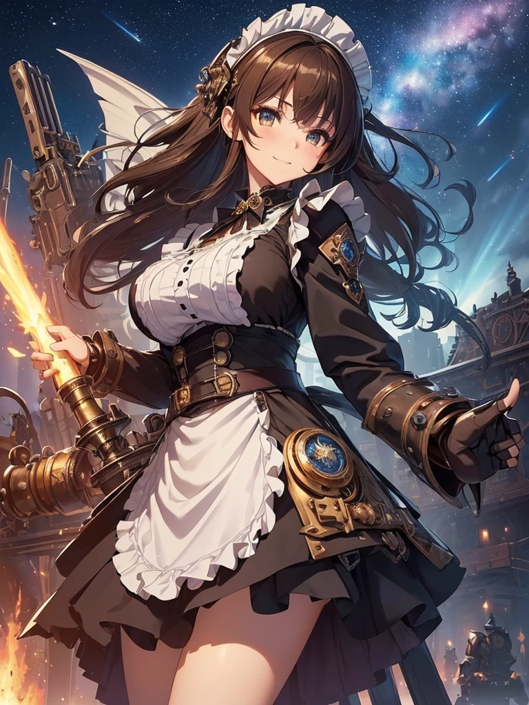 top-quality、Top image quality、masterpiece、Angle seen from the side、Beautiful Gothic girl((20yr old、Best Bust、big bast、Bust 90,long hair with beautiful blue eyebrows、A slender、a closeup、Hold a steampunk cannon、steampunk armor、Flying in the sky、glowing sword in hand、fly on big mechanical wings、cool jump、fight、Esbian、Gothic Maid costume、beautiful apron、hiquality、Beautiful Art、Background with((starrysky)))masutepiece、visualart、depth of fields、、、🎵、Happy smile、Gentle light、、Beautiful legs that are gentle on the skin、、Number of fingers to achieve precise finger movements、nffsw、nffsw、Lots of gears、、Artistically、、action scene、huge robot、Great angle、steampunk fantasy、Kime Pose!Lively atmosphere、Brown hair、Bob Hair、