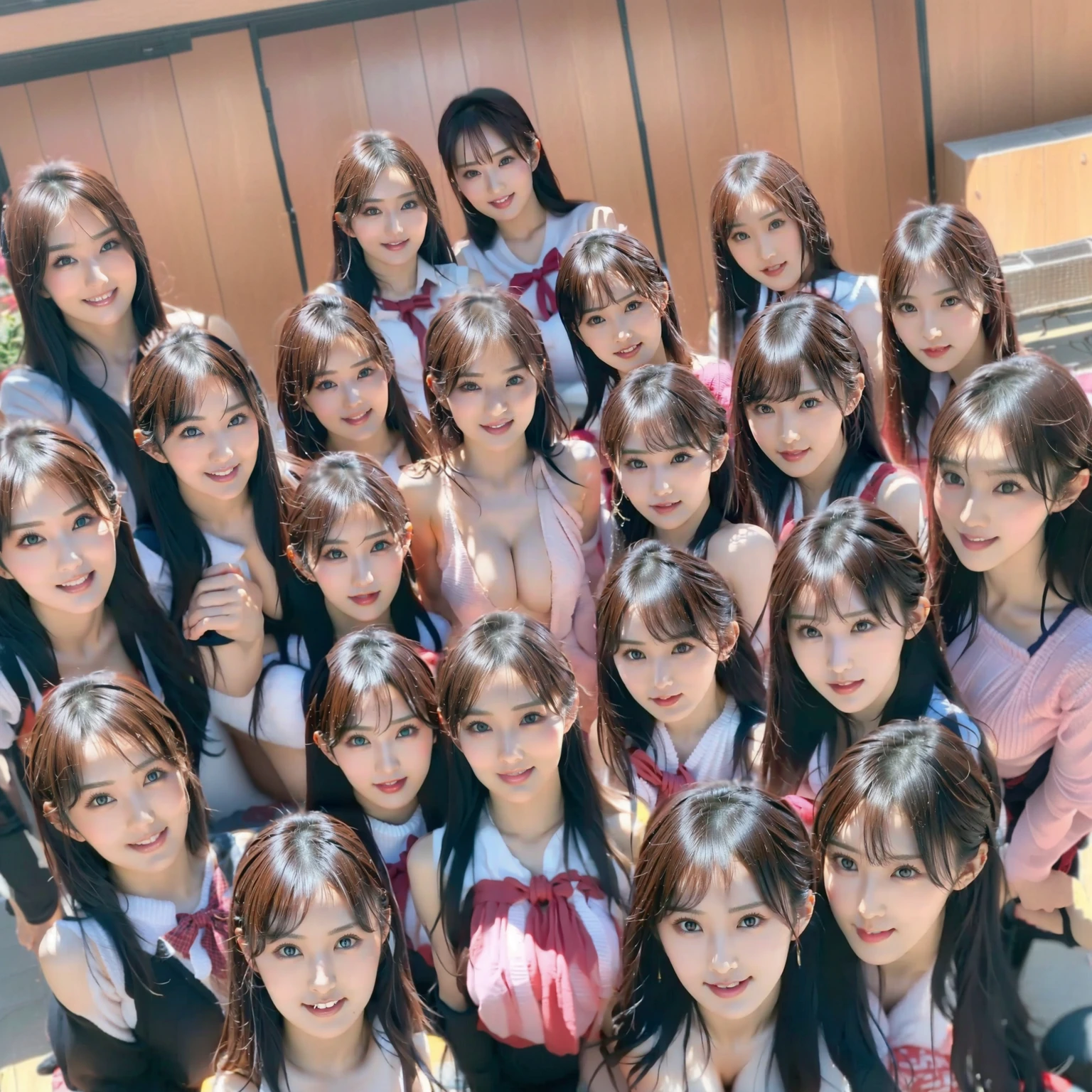 Raw photo、(((multiple girls))),((((6+girls)))),((((100girls)))),(((1000girls)))、((((100 Girls))))、((((Gigantic Breasts))))、Women only、The same face、matching school uniform、、Long black hair、100 cute girls、a smile、Scene from school、School route、(((Large group)))、a junior high school student