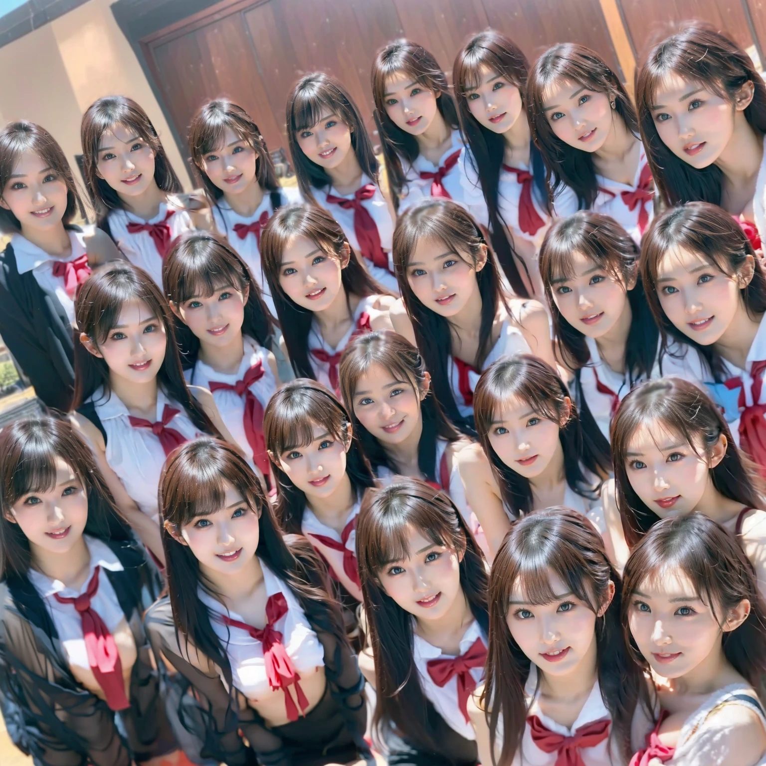 Raw photo、(((multiple girls))),((((6+girls)))),((((100girls)))),(((1000girls)))、((((100 Girls))))、((((Gigantic Breasts))))、Women only、The same face、matching school uniform、************、Long black hair、100 cute girls、a smile、Scene from school、School route、(((Large group)))、a junior high school student