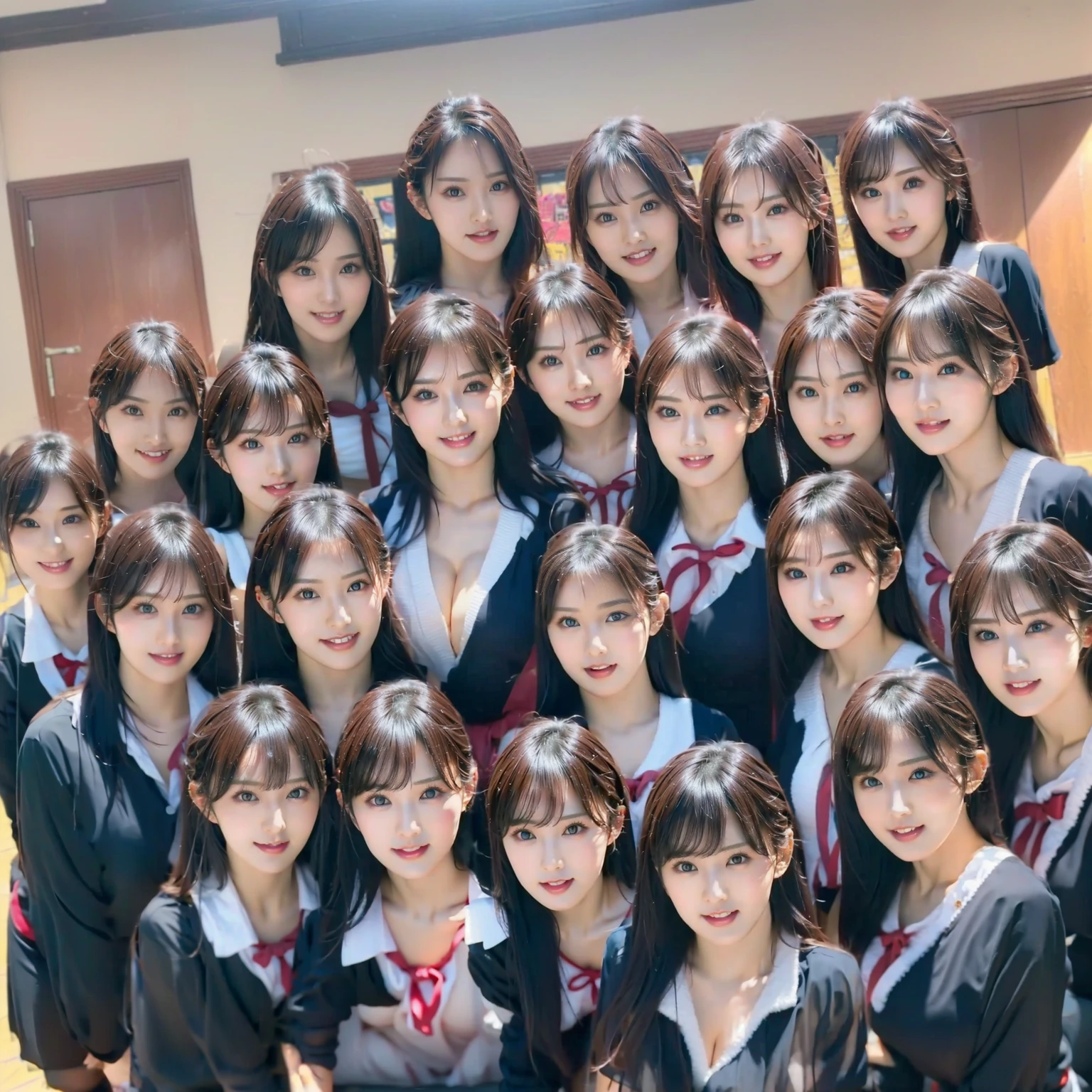 Raw photo、(((multiple girls))),((((6+girls)))),((((100girls)))),(((1000girls)))、((((100 Girls))))、((((Gigantic Breasts))))、Women only、The same face、matching school uniform、12 years old、Long black hair、100 cute girls、a smile、Scene from school、School route、(((Large group)))、a junior high school student