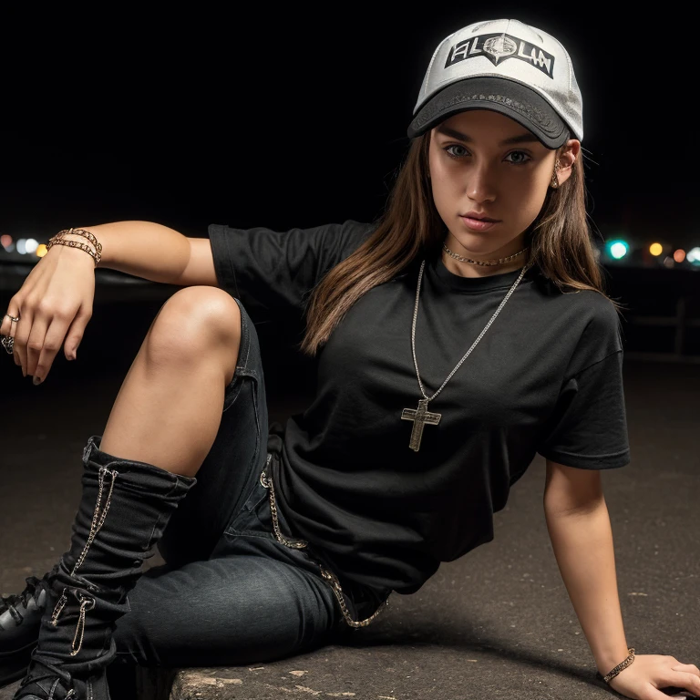 "(25-year-old Caucasian female in high quality and resolution, detailed face, full body) wearing an ultra-realistic streetwear:1.2 with a plain black shirt and a black trucker cap, black jeans with rips at knees, black boots, chain with cross pendant. Surrounded by a dystopian cyberpunk nightscape. "