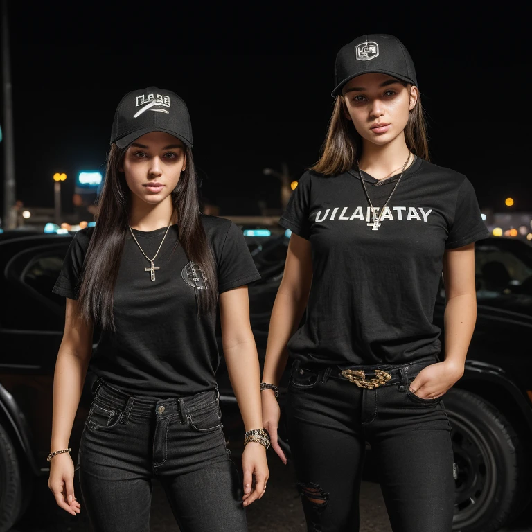"(25-year-old Caucasian female in high quality and resolution, detailed face, full body) wearing an ultra-realistic streetwear:1.2 with a plain black shirt and a black trucker cap, black jeans with rips at knees, black boots, chain with cross pendant. Surrounded by a dystopian cyberpunk nightscape. "