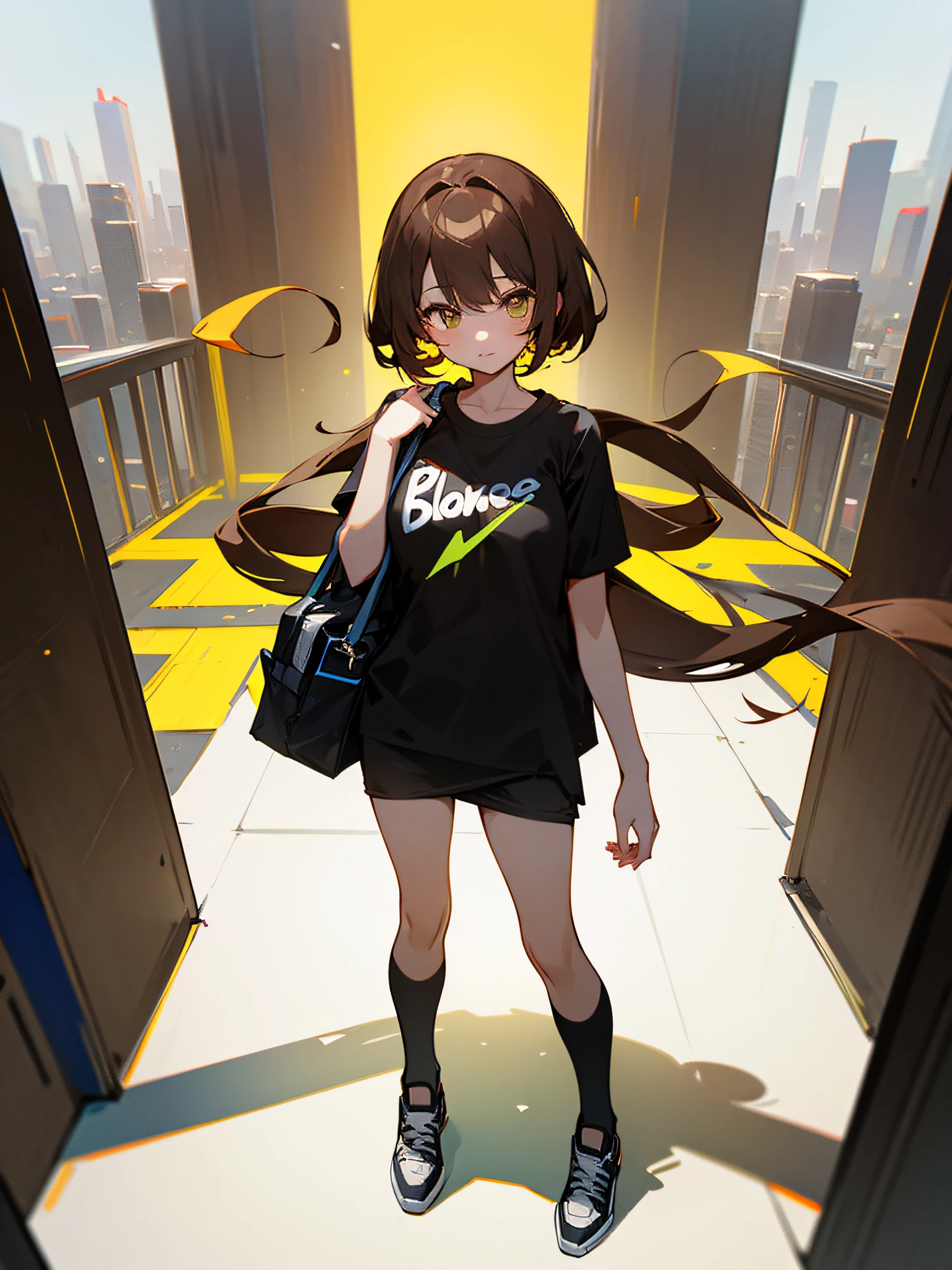 8K picture quality、Top resolution、The highest image quality、One Woman、full body Esbian、is standing、Inside the city、Black T-shirt、Black Skinny、white shoe、yellow neon on clothes、Brown hair、Semi-long、Looking at the camera、