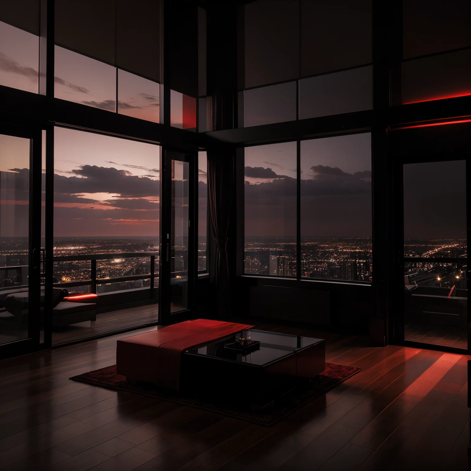 modern penthouse interior , black as main colour with red led ambience, high windows and aesthetic looking interior , with breath taking landscape trought the windows